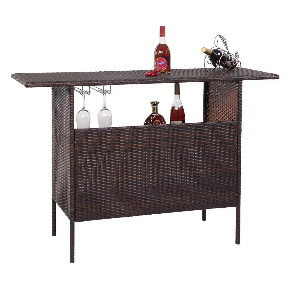 VINGLI Outdoor Wicker Bar Table with 2 Steel Shelves & Rails - Rattan Patio Table with Storage for Backyard, Poolside, Garden - Perfect for Outdoor Entertaining, Dining & Relaxation