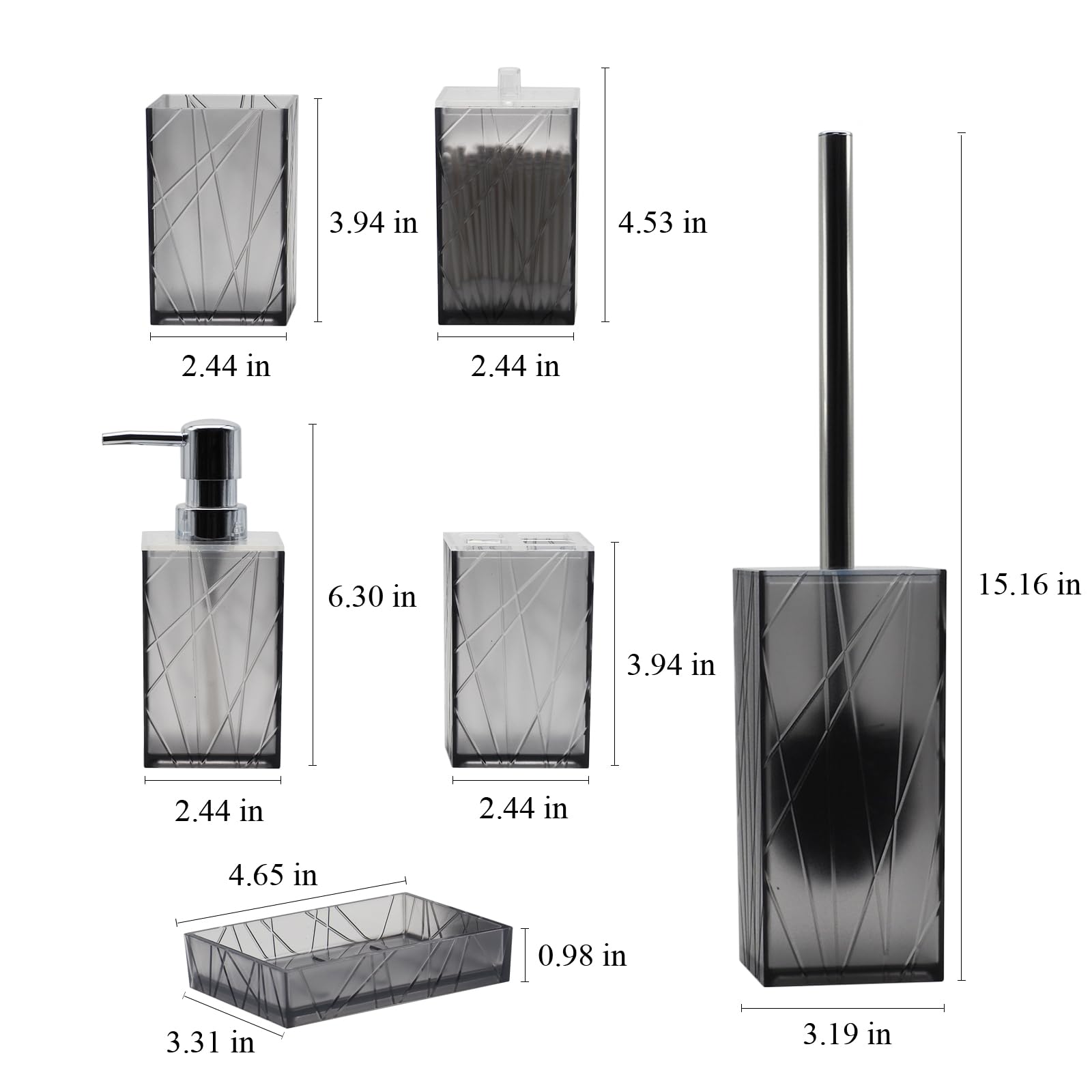 6-Piece Grey Bathroom Accessory Set - Soap Dispenser, Toothbrush Holder, Cup, Soap Dish, Toilet Brush with Holder & Q-Tip Organizer | Modern Bathroom Decor for Home, Apartment & Guest Bath Essentials