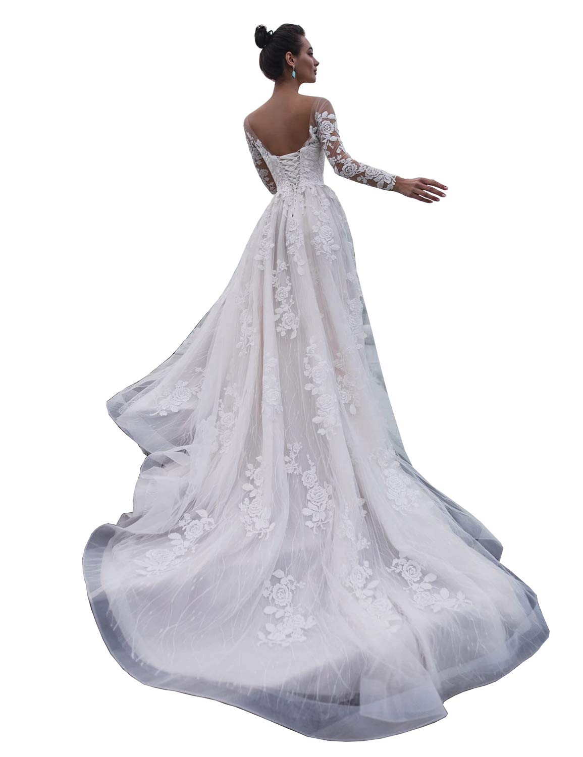 Elegant Long Sleeve Lace Wedding Dress with Sweetheart Neckline | A-Line Beach Bridal Gown for Women | Plus Size 20 White | Perfect for Beach Weddings, Outdoor Ceremonies & Romantic Photoshoots