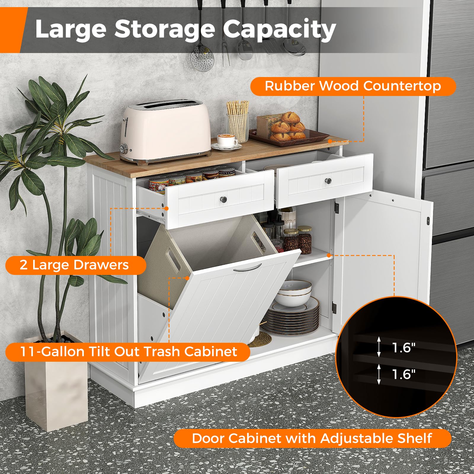 Tilt Out Trash Cabinet - White Kitchen Island with 2 Drawers, Adjustable Shelf & Rubber Wood Countertop | Freestanding Laundry Hamper & Pet Proof Garbage Can Holder with Recycle Bins | Perfect for Small Kitchens, Laundry Rooms & Pet-Friendly Homes