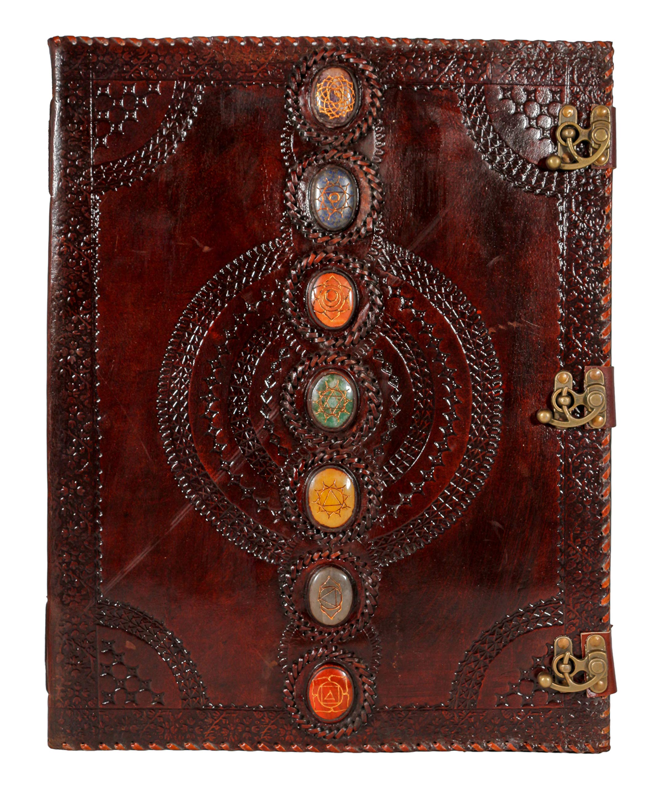 Handmade Leather Journal with Real Stone Seven Chakra Embossing - Medieval Style Book of Shadows, Notebook, Office Diary, Sketchbook (Brown, 14x22 inch) - Perfect for Wiccan Rituals, Poetry Writing & Gift Giving