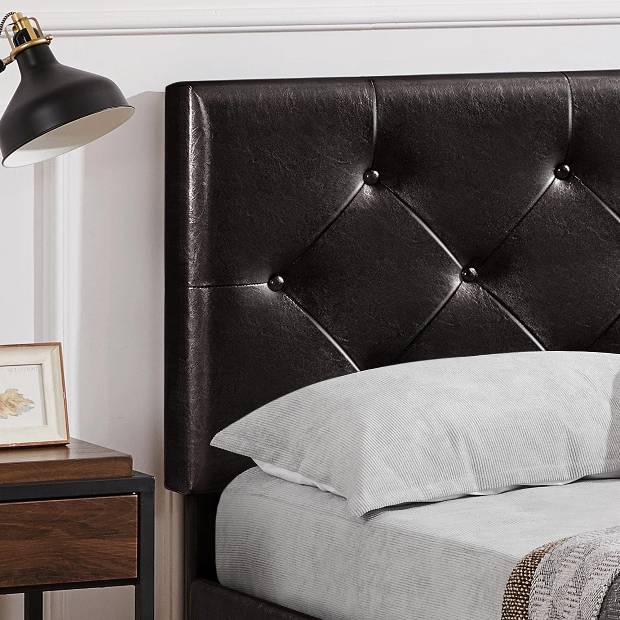 Topeakmart Queen Upholstered Bed Frame with Adjustable Headboard, 4 Storage Drawers & Wood Slat Support - Tufted Faux Leather Platform Bed, No Box Spring Needed (Black Brown) - Perfect for Small Bedrooms, Guest Rooms & Space-Saving Storage Solutions