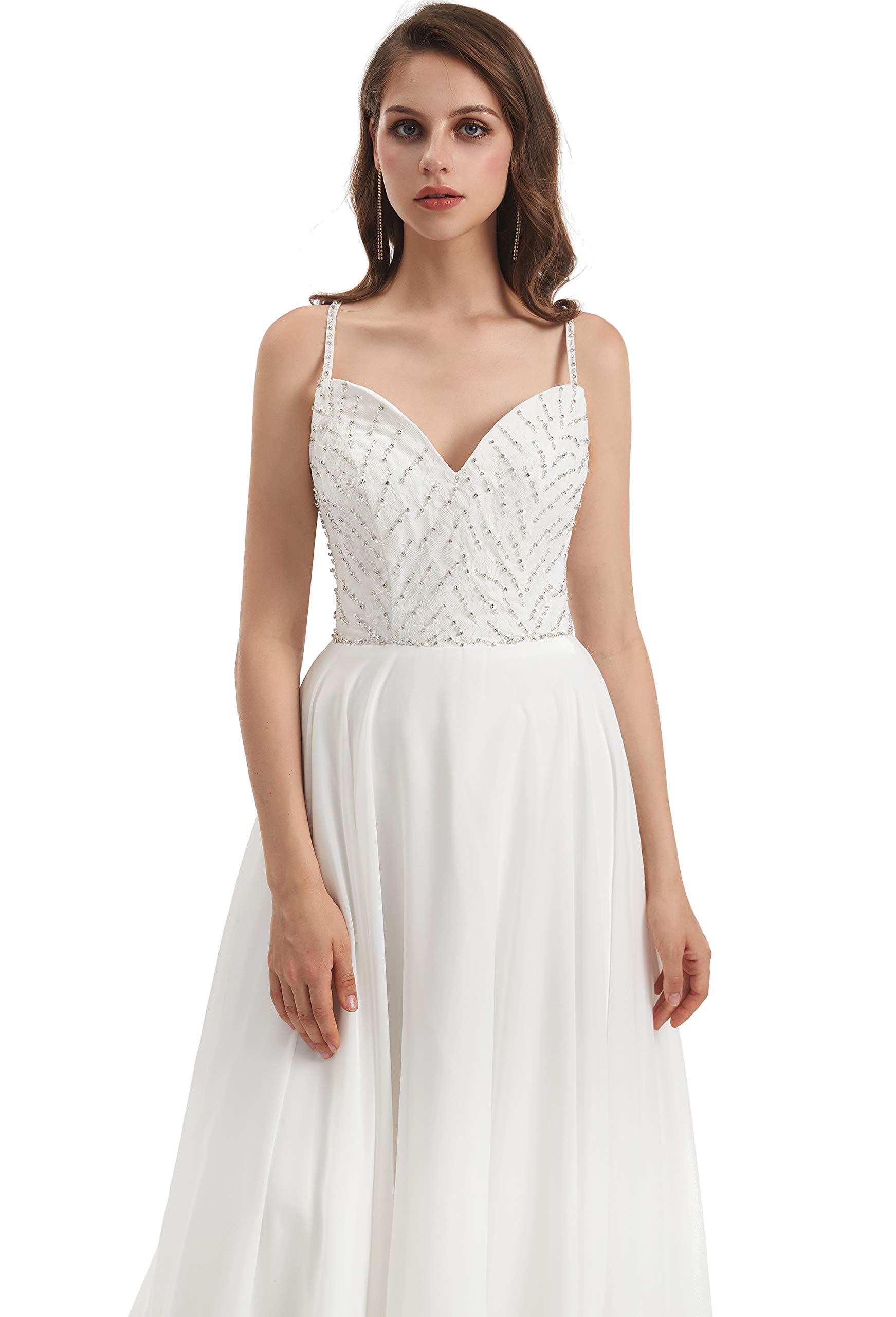 Elegant Women's A-Line Spaghetti Strap Beaded Sleeveless Wedding Dress for Beach Brides - Perfect for Destination Weddings, Beach Ceremonies & Summer Bridal Parties