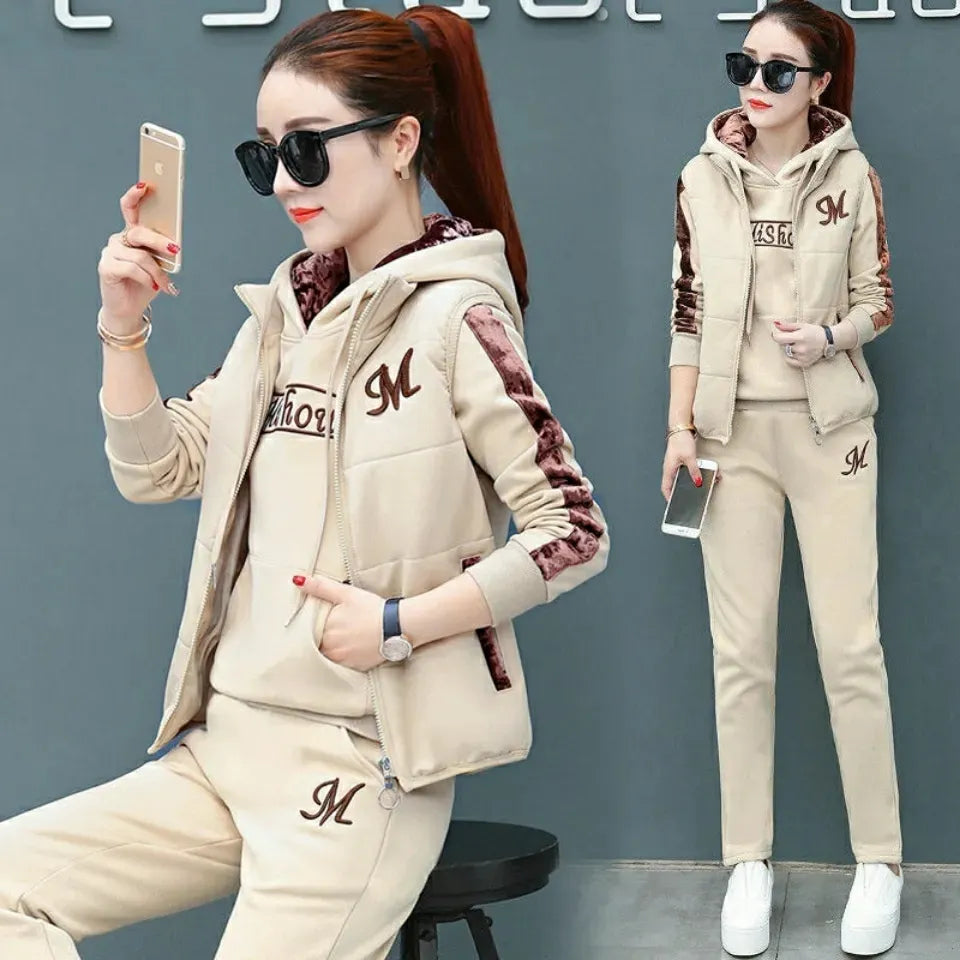 2024 Women's Winter Warm 3-Piece Tracksuit Set - Thick Fleece Hoodie, Waistcoat & Pants for Casual Outfits | Cozy Fall & Winter Loungewear, Gym, Travel & Everyday Wear