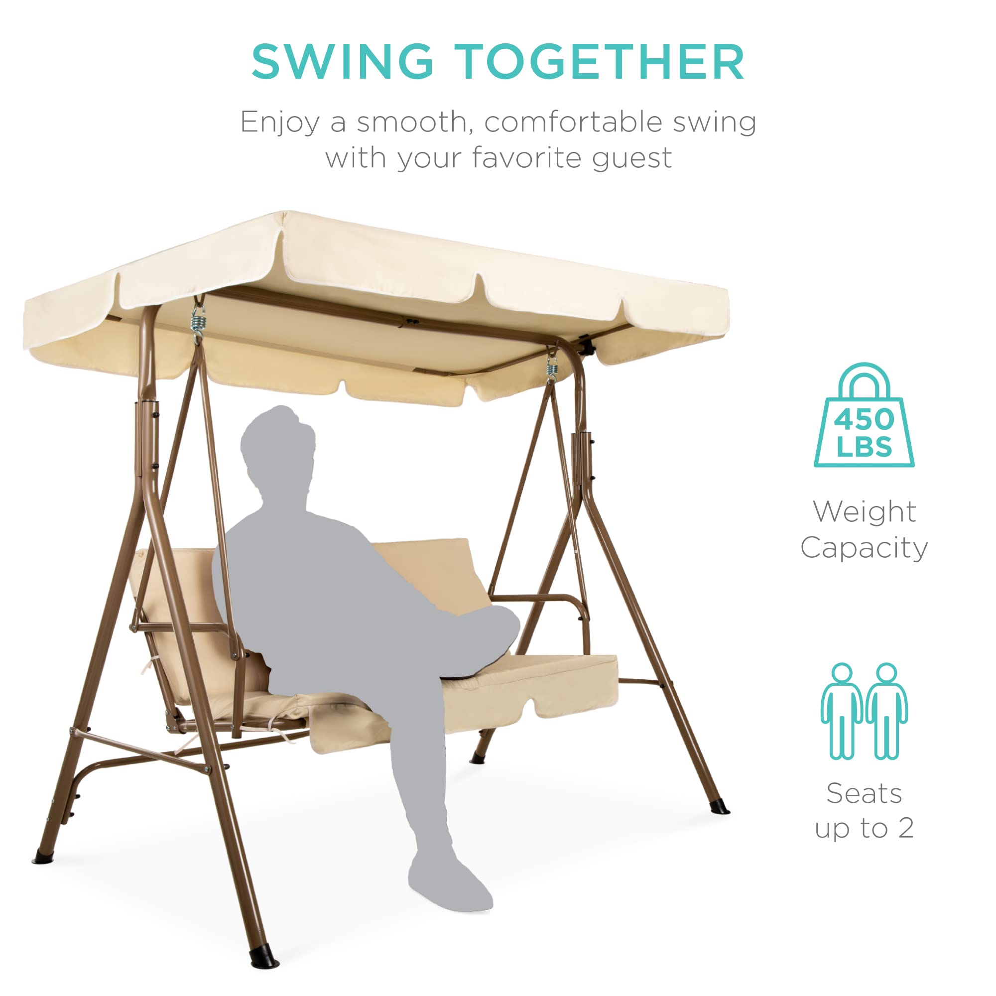 Best Choice Products 2-Person Outdoor Patio Swing Chair with Convertible Canopy - Hanging Glider Porch Bench for Garden, Backyard, Poolside - Adjustable Shade & Removable Cushions - Beige - Perfect for Relaxing, Reading, and Enjoying Outdoor Spaces