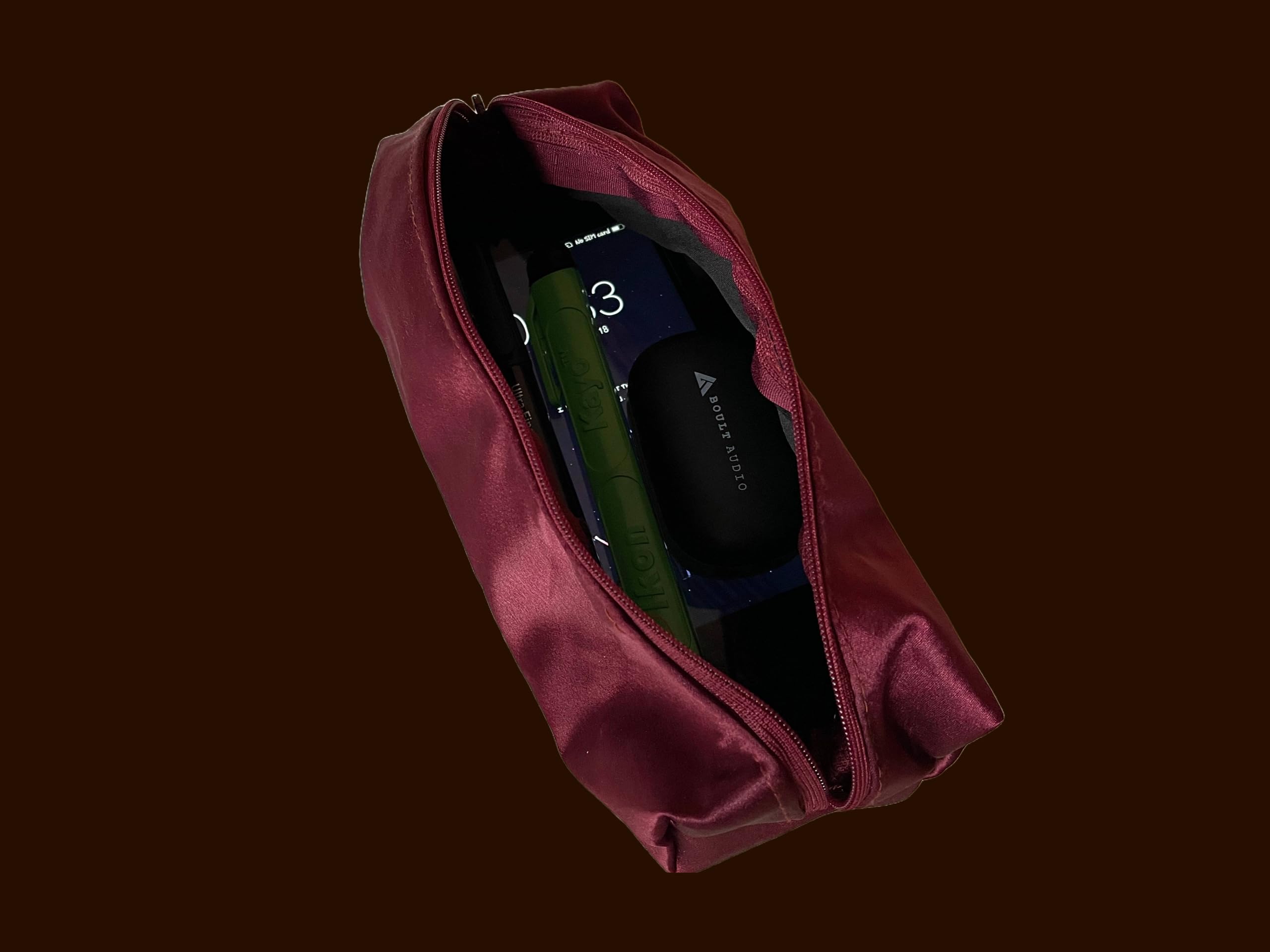 RUKHSI Dark Maroon Satin Zippered Pouch - Multipurpose Organizer for Pencils, Cosmetics & Office Supplies | Stylish School, Travel & Desk Storage for Women & Men | Perfect for Work, College & Daily Essentials