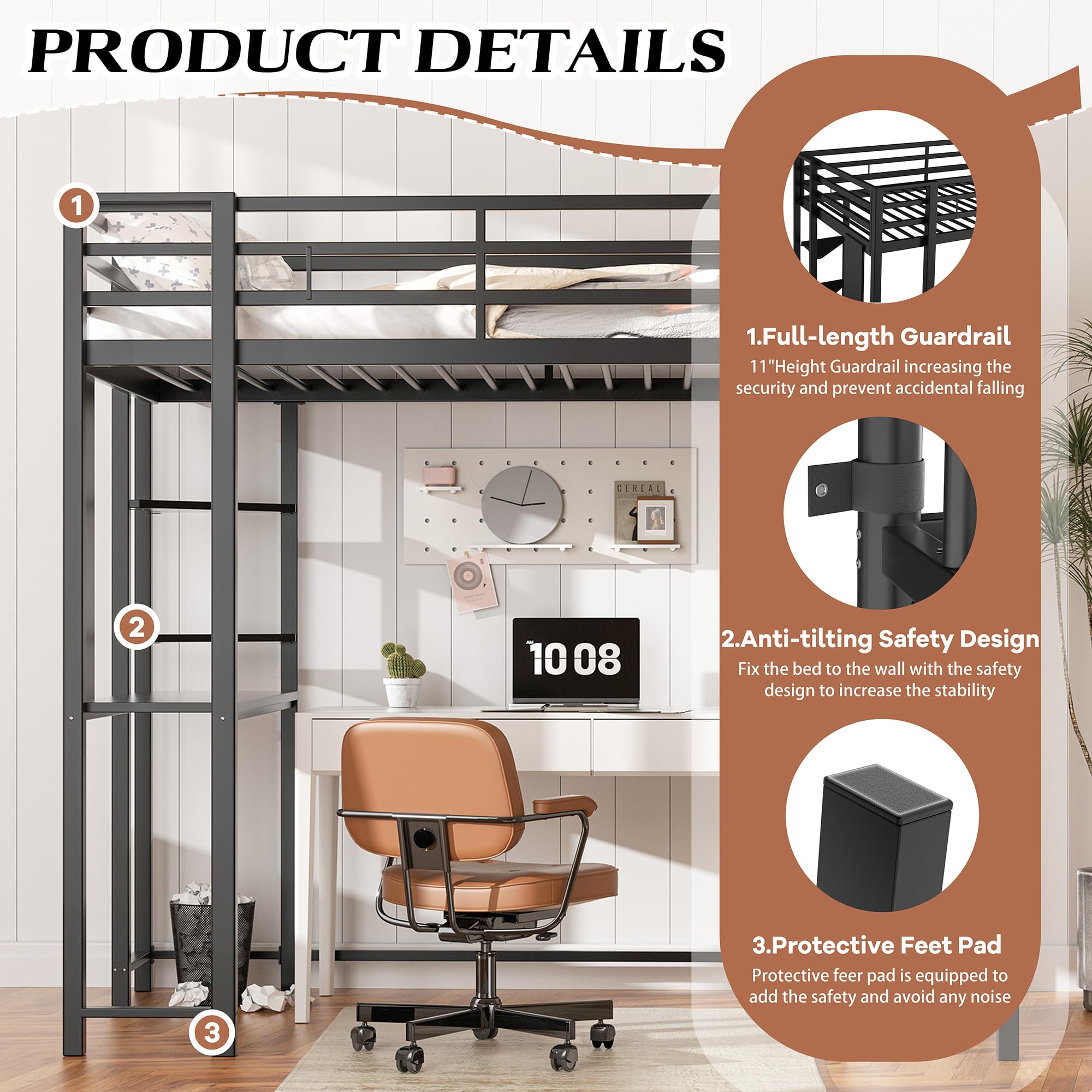 Shintenchi Twin Size Loft Bed with Desk & Storage Shelves - Sturdy Space-Saving Bed Frame for Kids, Teens & Adults - Anti-Tilt Quiet Design with 2 Ladders - Perfect for Small Bedrooms, Dorms & Studio Apartments (Black)