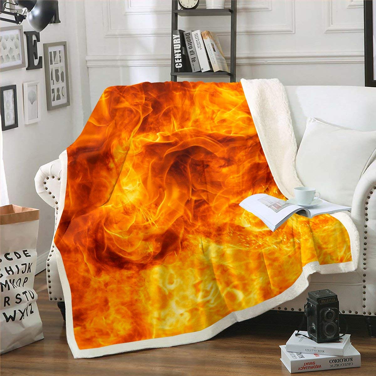 Erosebridal Gold Fire Fleece Blanket - Flame Magma Sherpa Throw for Teens & Adults - 90x90 Inch Queen Size Fuzzy Blanket - Red & Yellow Abstract Art Design - Perfect for Bedroom Decor, Movie Nights, and Winter Warmth