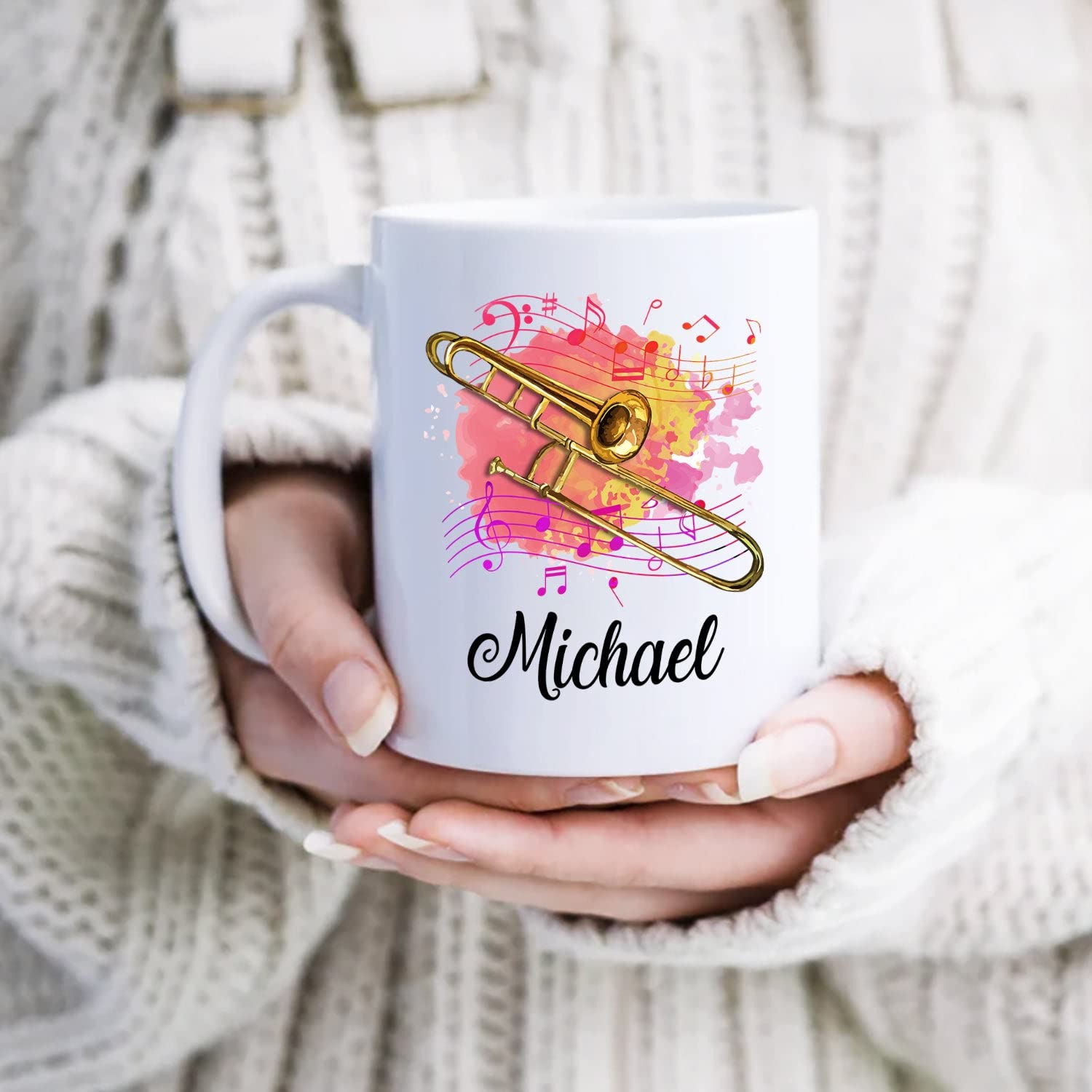 **Personalized Trombone Coffee Mug 11-15 Oz - Custom Name Trombone Player Travel Mug - Unique Gift for Musicians, Men & Women - Perfect for Birthdays, Band Rehearsals & Coffee Breaks**