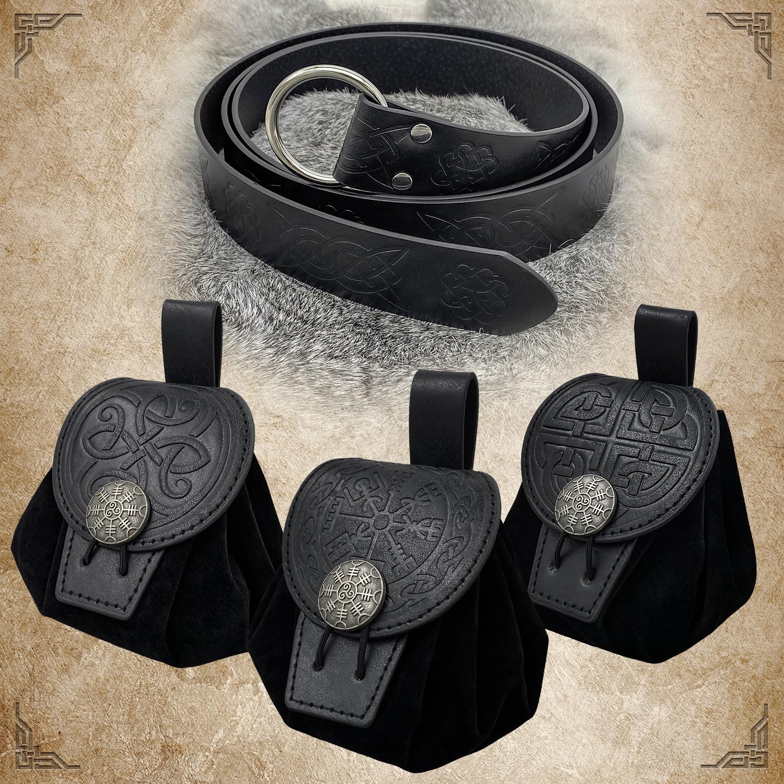4PCS Medieval O Ring Belt & Drawstring Pouch Set - Vintage Faux Leather Belt Bag, Dice Pouch & Coin Purse for LARP, Cosplay, Renaissance Fairs & D&D Gaming Accessories (Black)