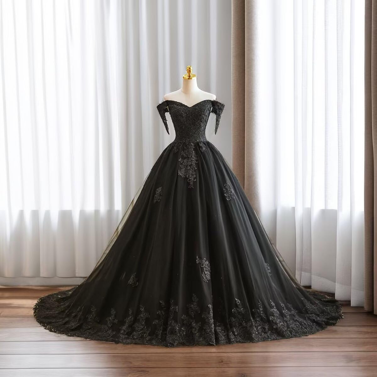 Elegant Black Off-The-Shoulder Puffy Tulle Wedding Dress with Lace Details & Train - Perfect for Bridesmaids, Prom, Evening Gowns & Formal Occasions