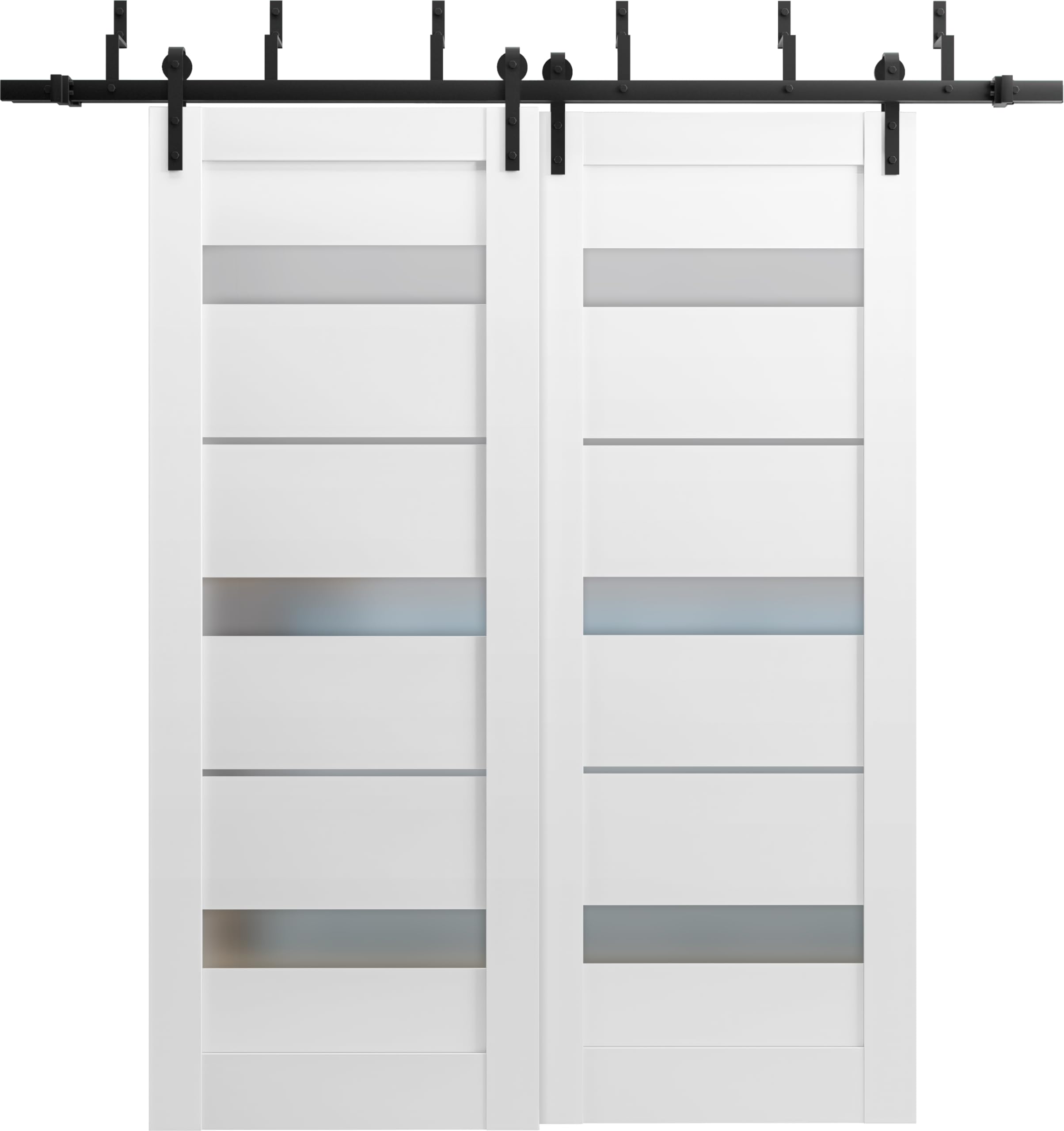 SARTODOORS 64x96 Barn Bypass Sliding Door with 6.6ft Hardware Kit - Quadro 4055 White Silk Frame & Frosted Opaque Glass Panels - Heavy Duty Steel Rails for Double Panel Door - Perfect for Closets, Laundry Rooms and Room Dividers