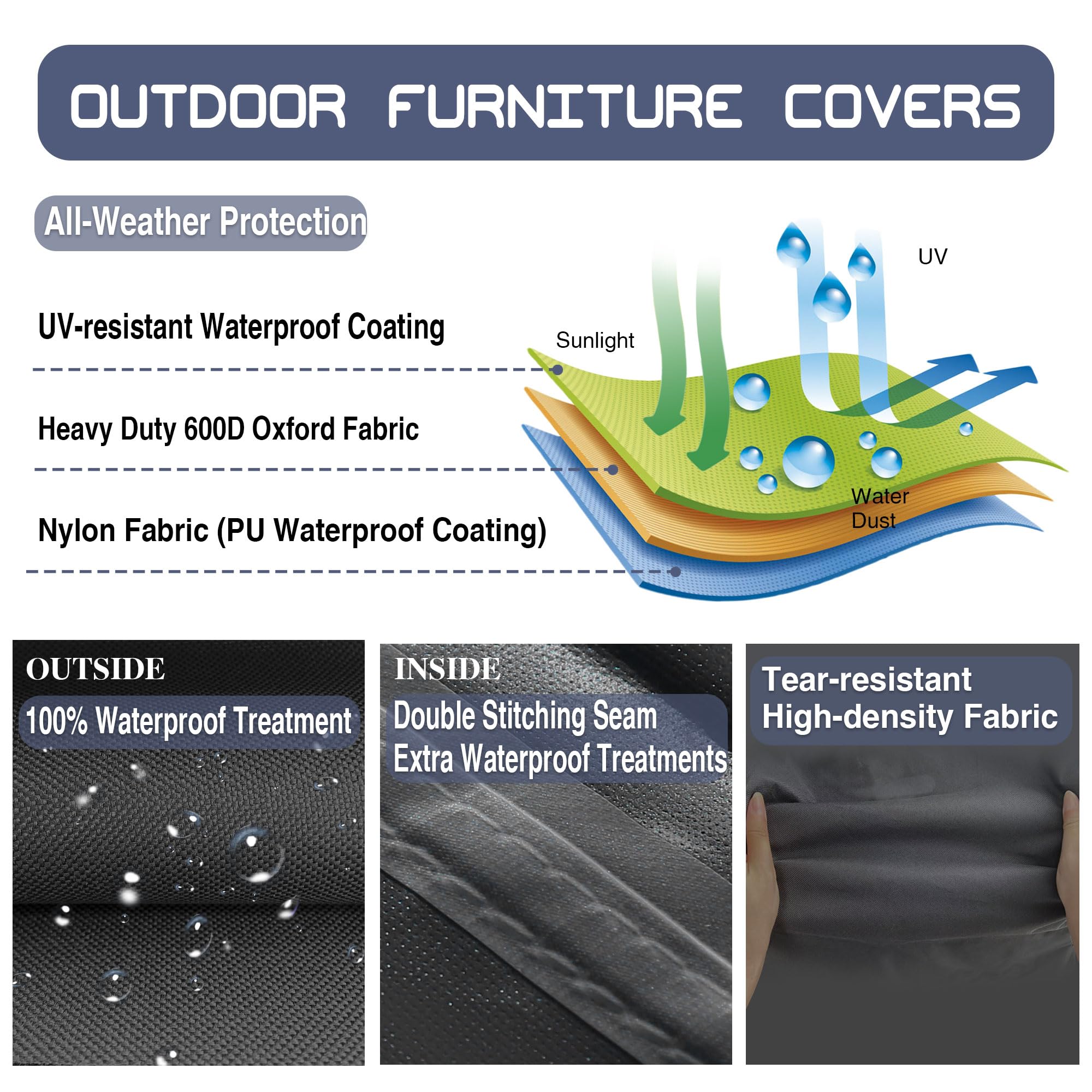 Waterproof 600D Heavy Duty Round Patio Furniture Covers - Outdoor Dining Table and Chairs Set Protector (Grey, 70 x 23in) - Perfect for Backyard, Garden & All-Weather Protection