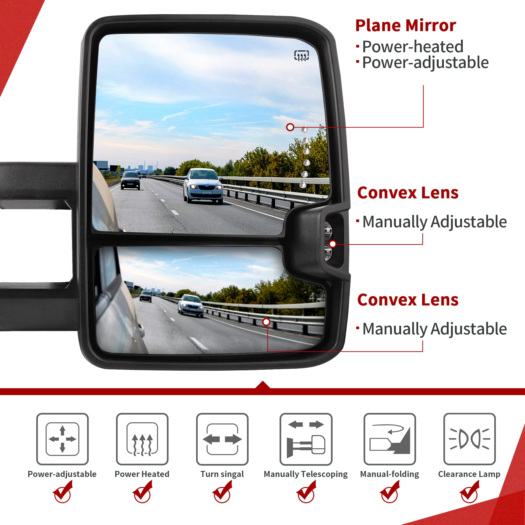 YITAMOTOR Power Heated Telescoping Towing Mirrors with Smoke LED Turn Signals & Clearance Light - Compatible with 2014-2018 Chevy Silverado 1500, 2015-2018 Silverado 2500HD/3500HD & GMC Sierra - Perfect for Towing, Off-Roading & Night Driving