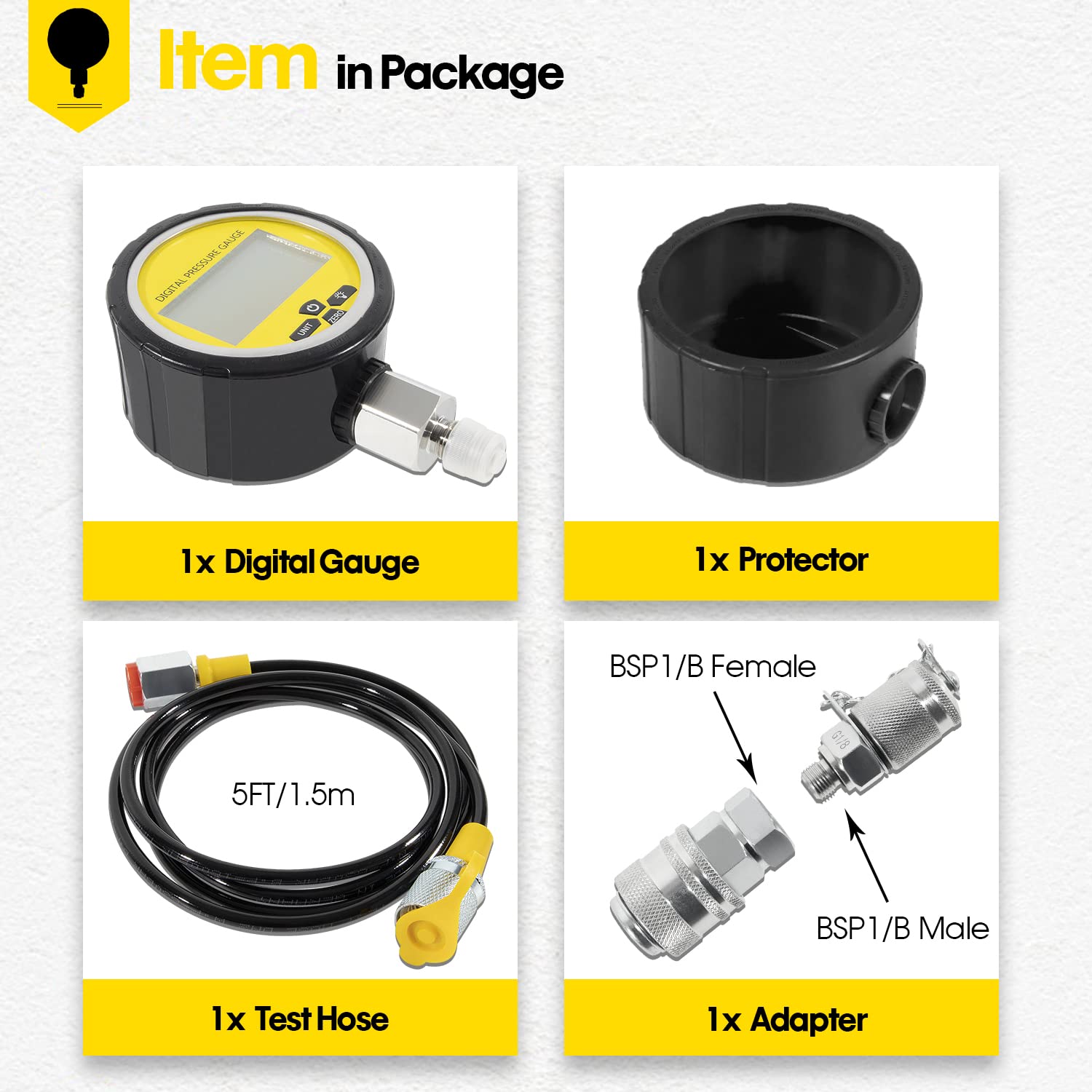 **10000PSI Digital Hydraulic Pressure Test Kit - 1 Gauge, 1 Test Hose, 2 Couplings (700BAR/70Mpa) - Heavy Duty Excavator & Construction Machinery Hydraulic System Testing**    **Usage Scenarios:** Ideal for diagnosing hydraulic leaks, testing pressure in excavators, bulldozers, and other heavy construction equipment.