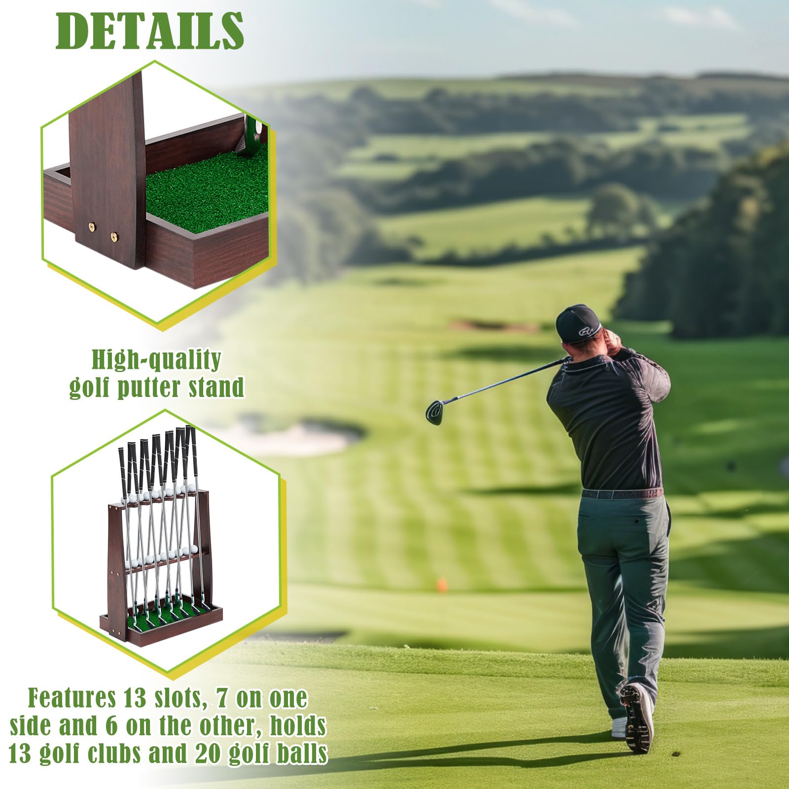 Premium Wooden Golf Club Rack - Holds 13 Clubs & 20 Balls - Indoor Golf Putter Stand Holder for Home, Office & Golf Simulators - Elegant Brown Display Organizer - Perfect for Golf Enthusiasts & Man Cave Decor