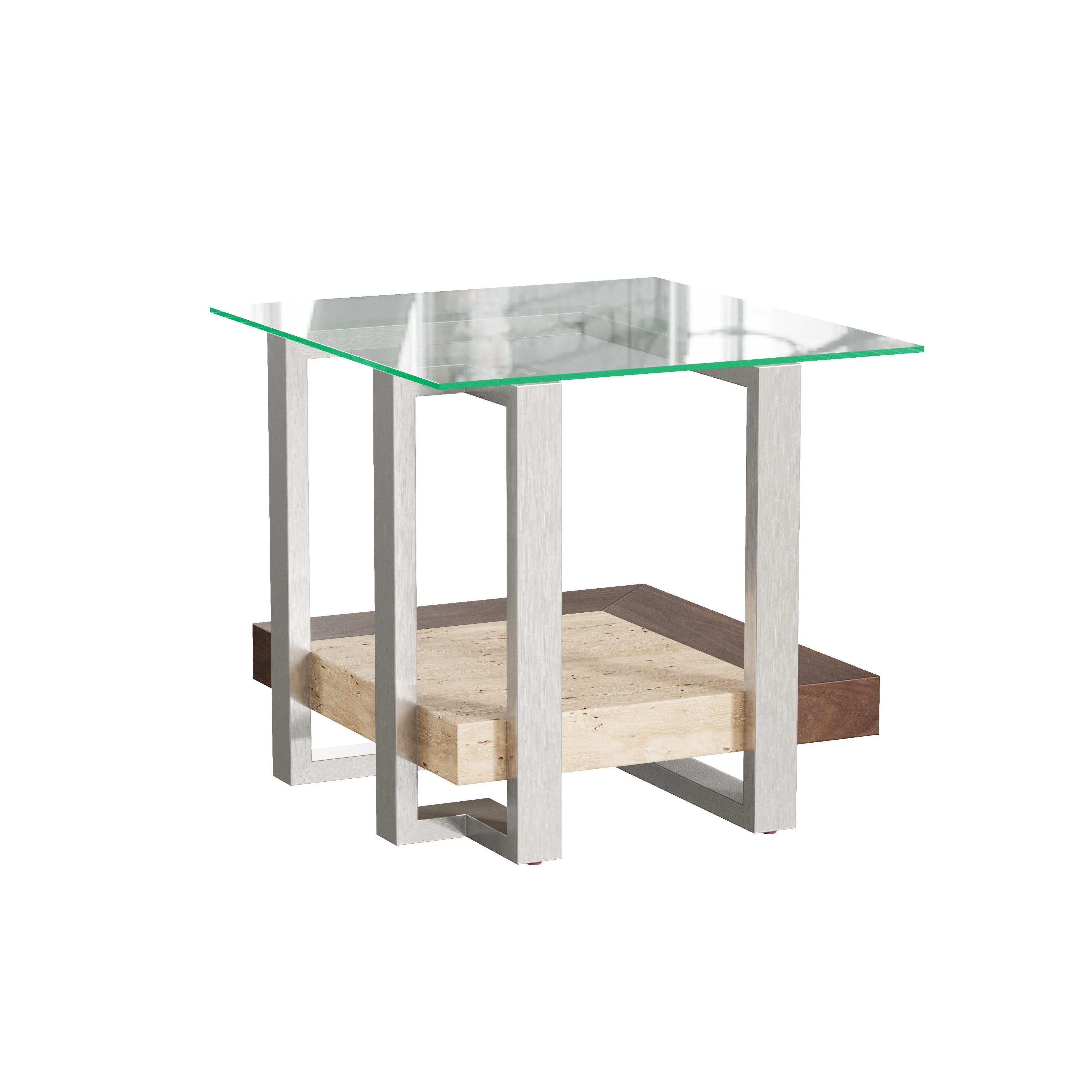 Roundhill Furniture Andes Glass End Table with Marble Shelf - Polished Nickel Finish - Modern Living Room Side Table for Sofa, Bedroom & Office Decor
