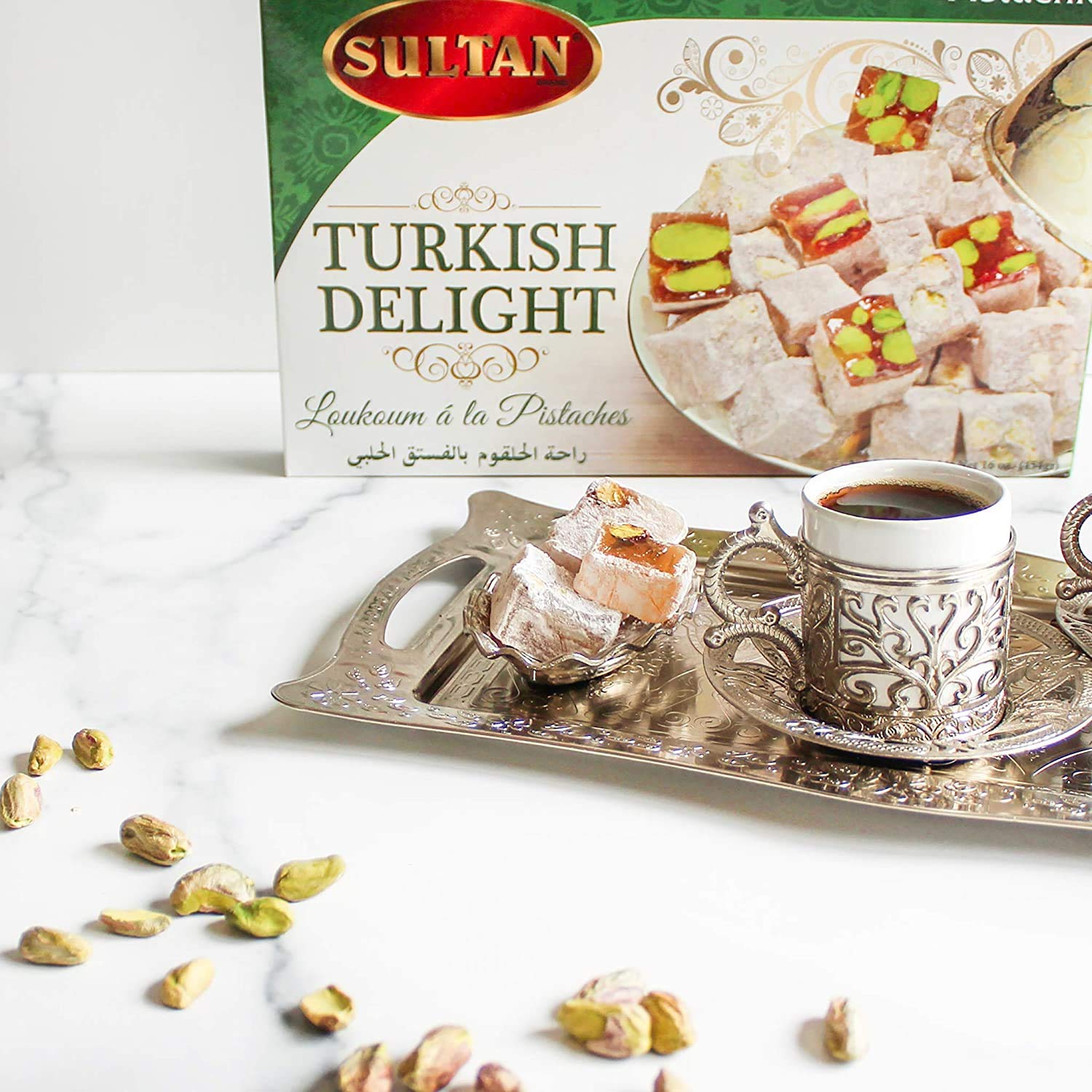 Premium Sultan Turkish Delight Pistachio - All Natural, No Preservatives, No Additives, Low Fat Gourmet Dessert - 16oz Gift Box for Holidays, Parties & Sweet Treat Lovers