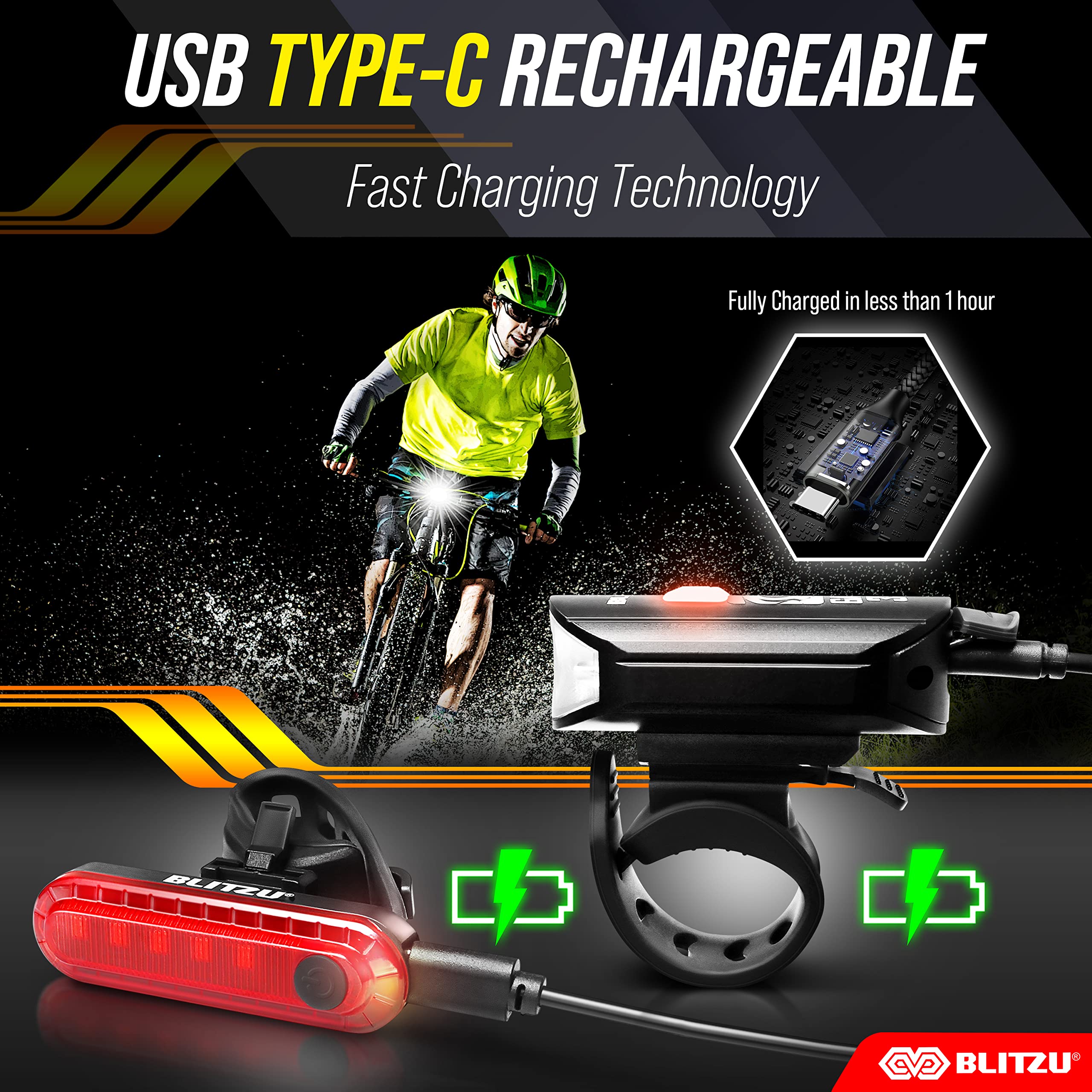 BLITZU Ultra Bright USB-C Rechargeable Bike Light Set - 1200 Lumen Waterproof Bicycle Headlight & Taillight Combo for Night Riding - Easy Install Cycling Safety Lights for Road/Mountain Bikes - Perfect for Commuting, Trail Adventures & Family Cycling