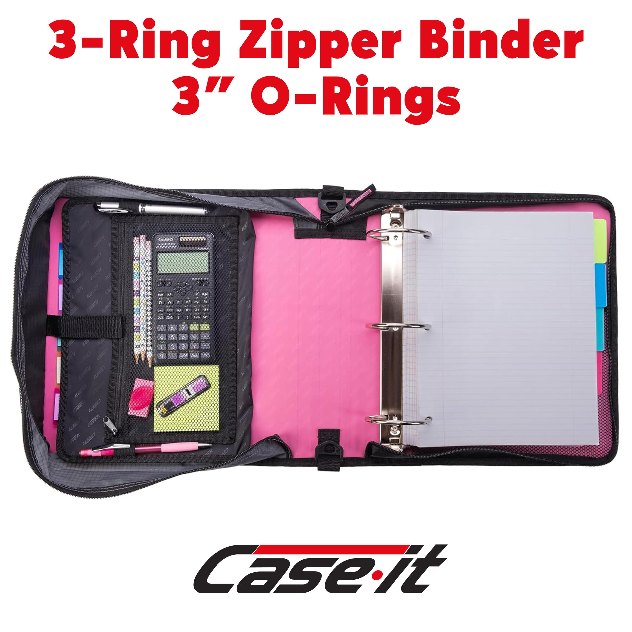 Case-it Mighty Zip Tab Zipper Binder 3 Inch - Light Pink Expanding File Organizer with 5 Color Tabs, Shoulder Strap & Handle - Perfect for School, Office & College Students Organization