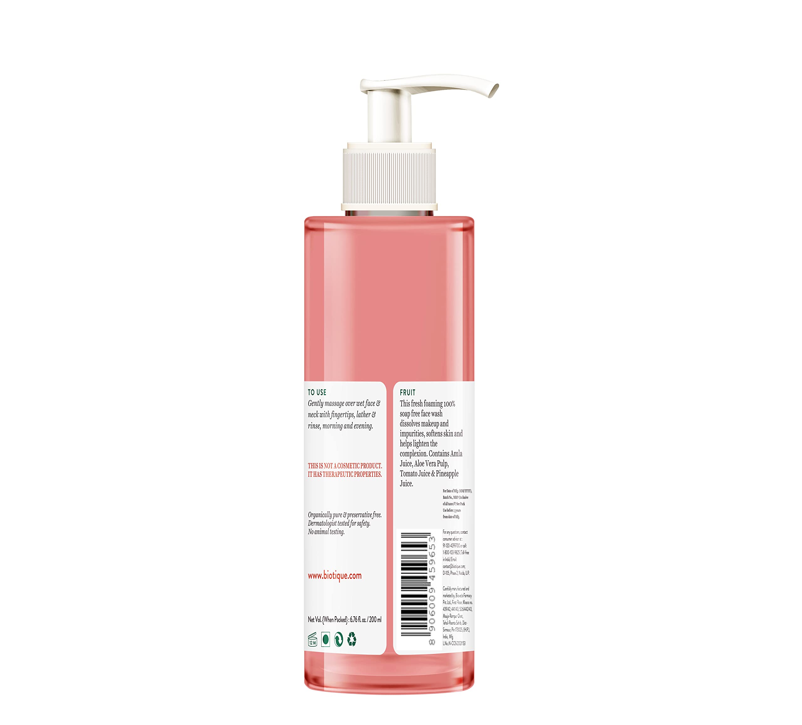Biotique Fruit Brightening Face Wash - Ayurvedic Organic Cleanser with Swiss Technology | 100% Natural Botanical Extracts for All Skin Types | 200ml | Brightens & Revitalizes Skin for Daily Glow