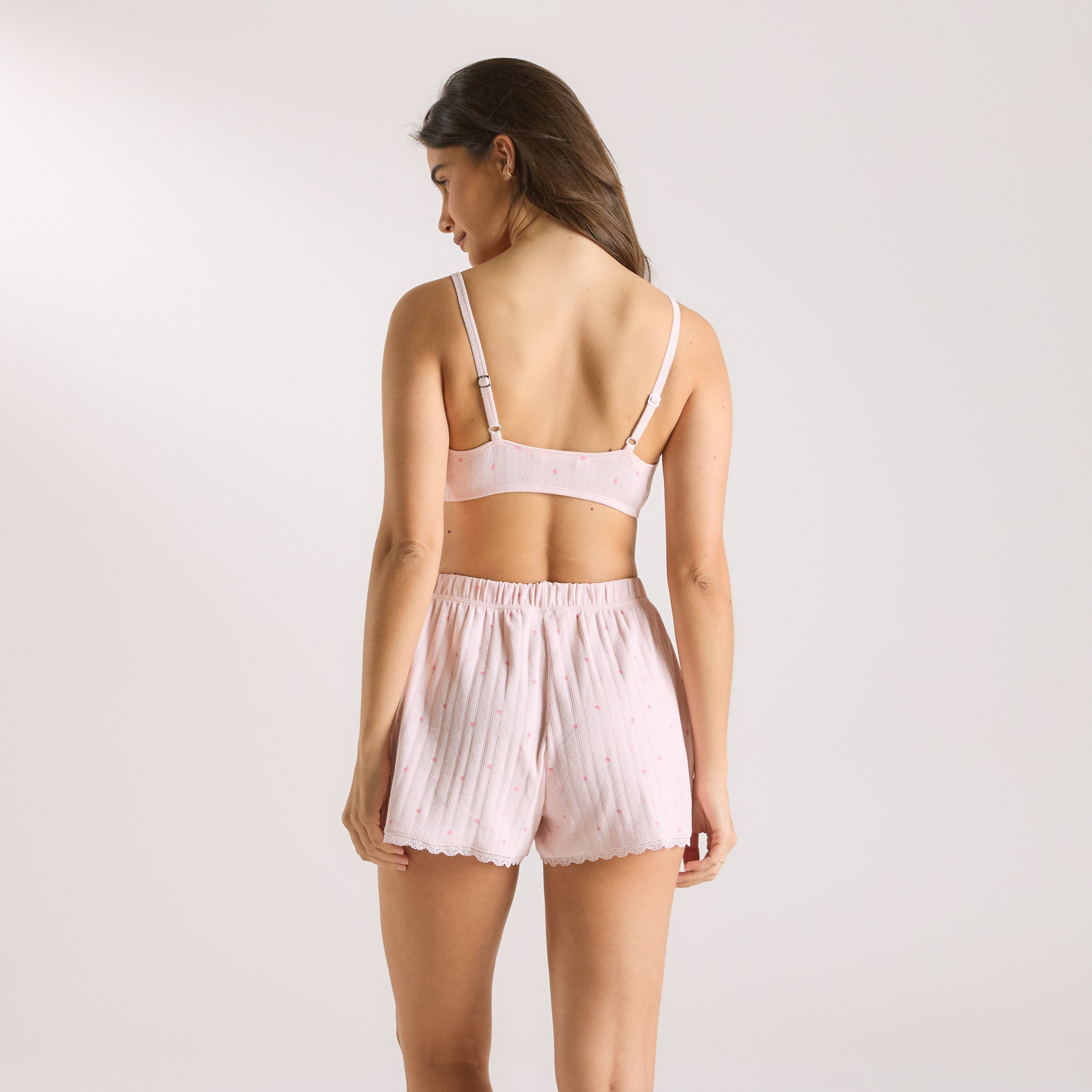Pointelle Bralette - Pink Floral Lace Wireless Bra for Women | Comfortable Sleepwear, Yoga, Lounge Wear