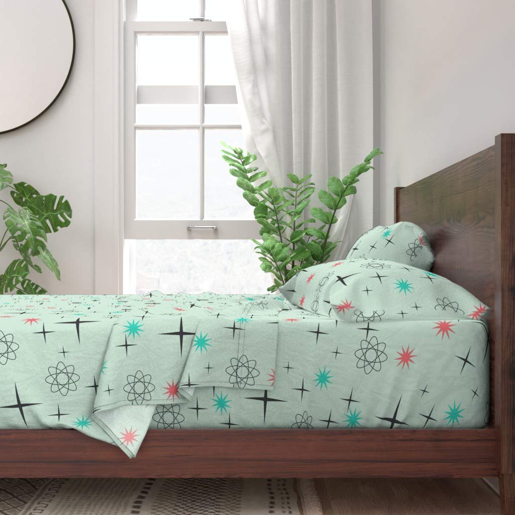 100% Cotton King Size 4-Piece Sheet Set - Atomic Mint Mid-Century Modern Retro Stars Science Print Bedding | Soft & Breathable Luxury Sheets for Bedroom Decor