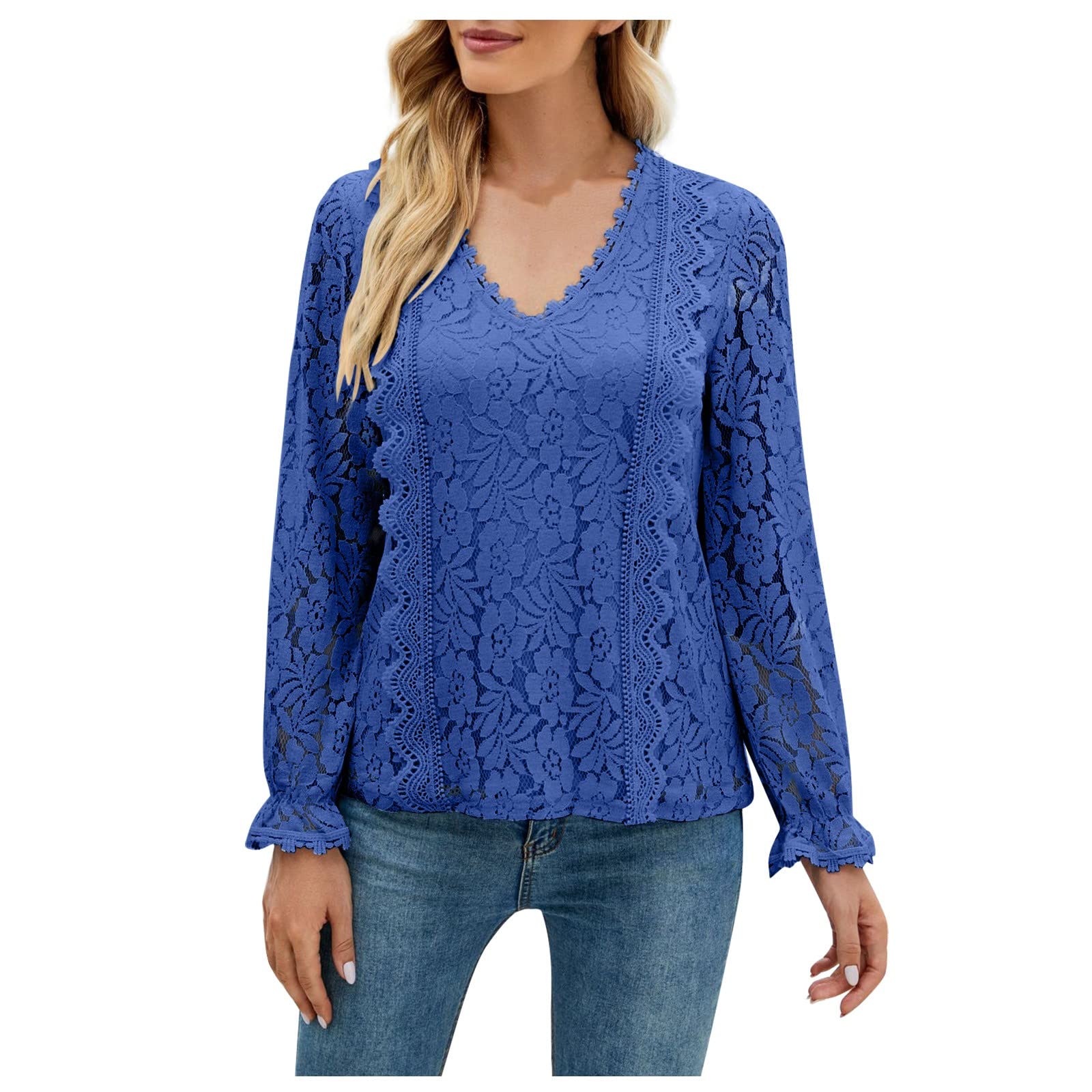 Women's Sexy V-Neck Lace Cutout Long Sleeve Knit Top - Solid Color Casual T-Shirt for Date Night, Club Outfits & Everyday Wear