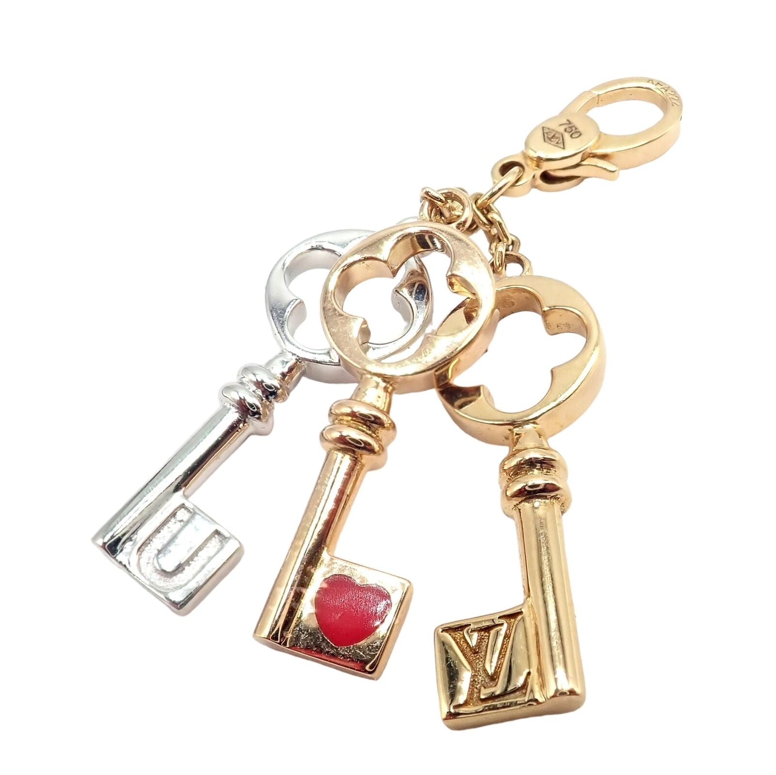 Authentic Louis Vuitton LV 18k Tri-Color Gold Enamel Heart Key Charm Pendant - Luxury Jewelry for Women, Gift for Her, Valentine's Day & Anniversary Present