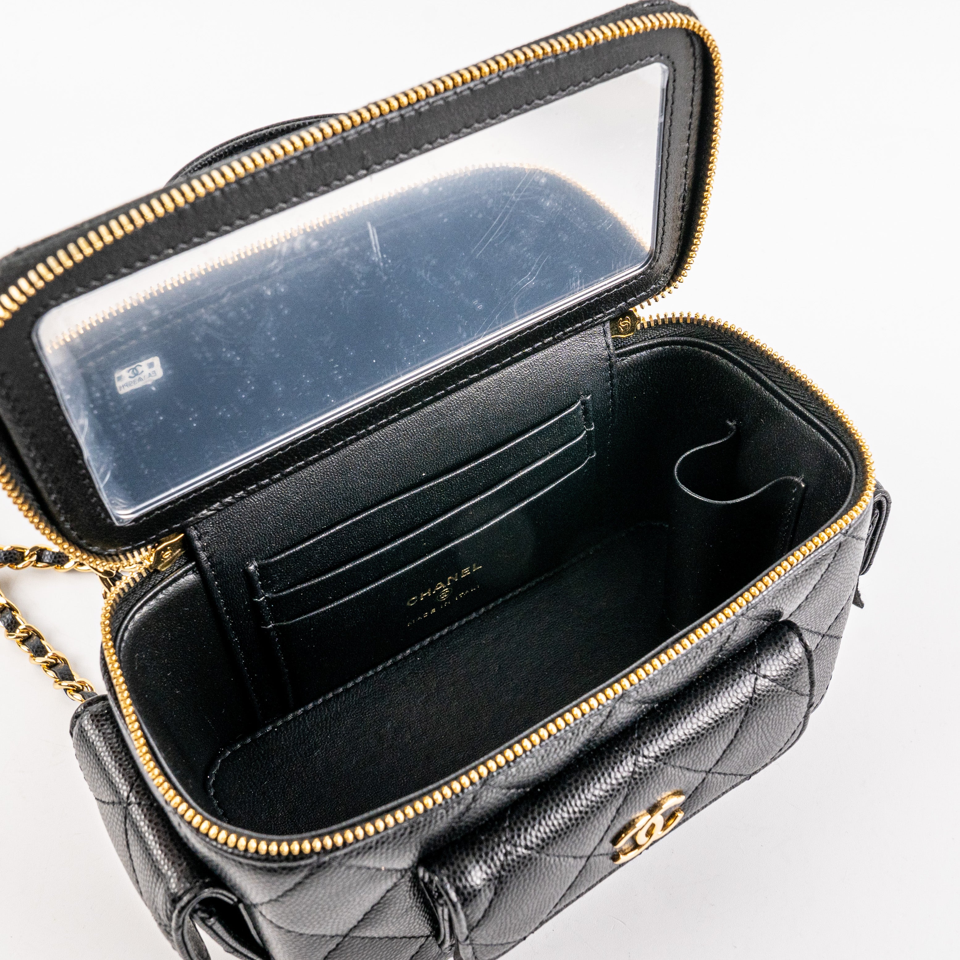Chanel Caviar Multi Pocket Vanity Bag Black Microchip Leather Crossbody - Perfect for Travel, Parties & Everyday Luxury