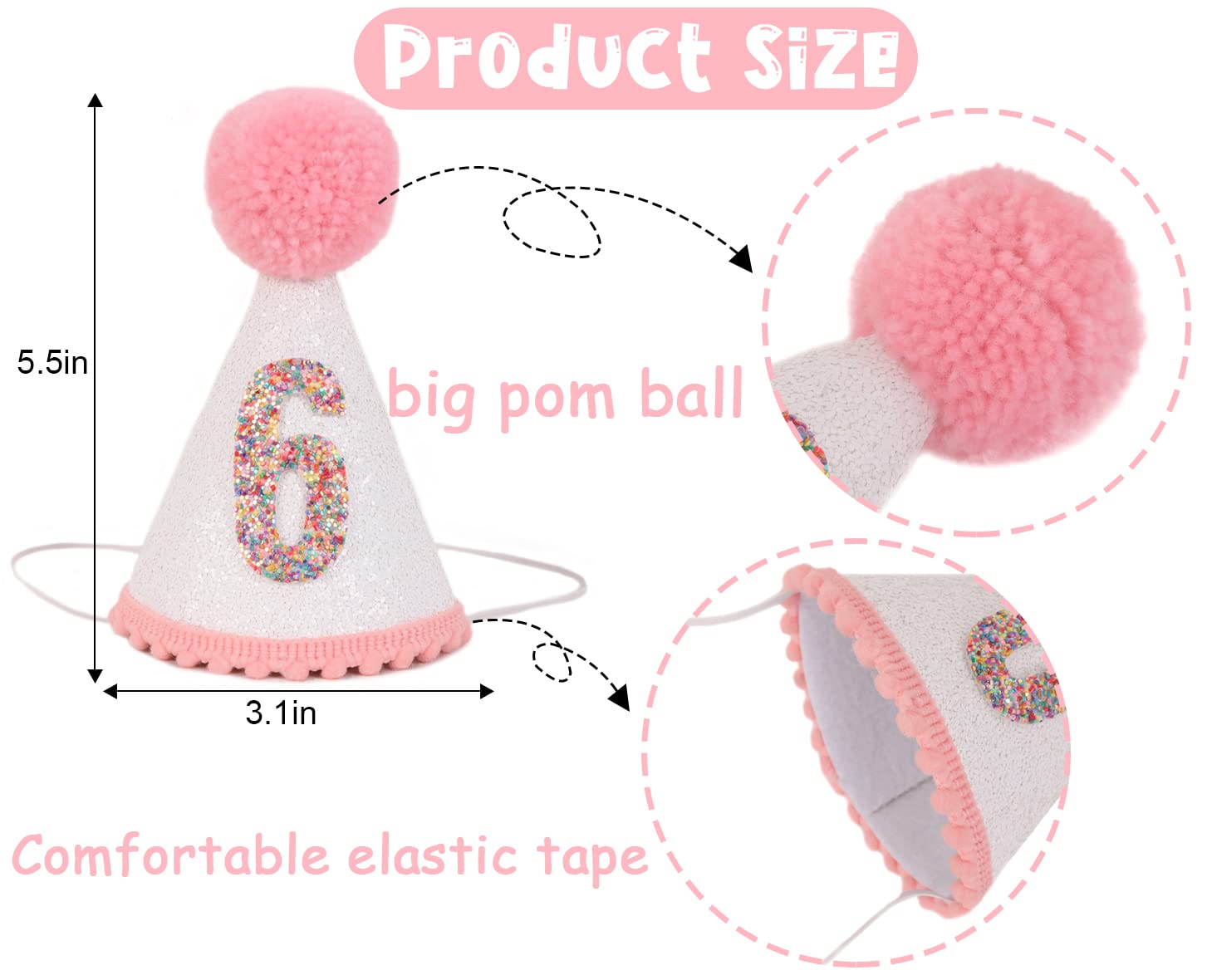 Sparkly Pink Glitter Birthday Hat for Girls with Pom Topper - Cute Party Hat for Birthday Celebrations, Baby Showers & Princess Themed Parties