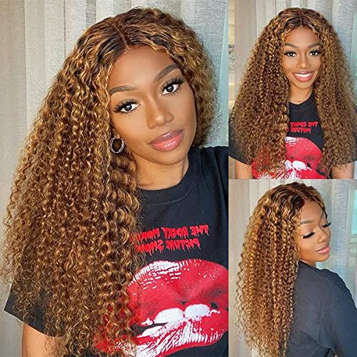 CYNOSURE 13x5 Curly Honey Blonde Ombre Highlight HD Lace Front Human Hair Wig for Women - Invisible Pre-Plucked 18 Inch - Perfect for Daily Wear, Parties & Special Occasions