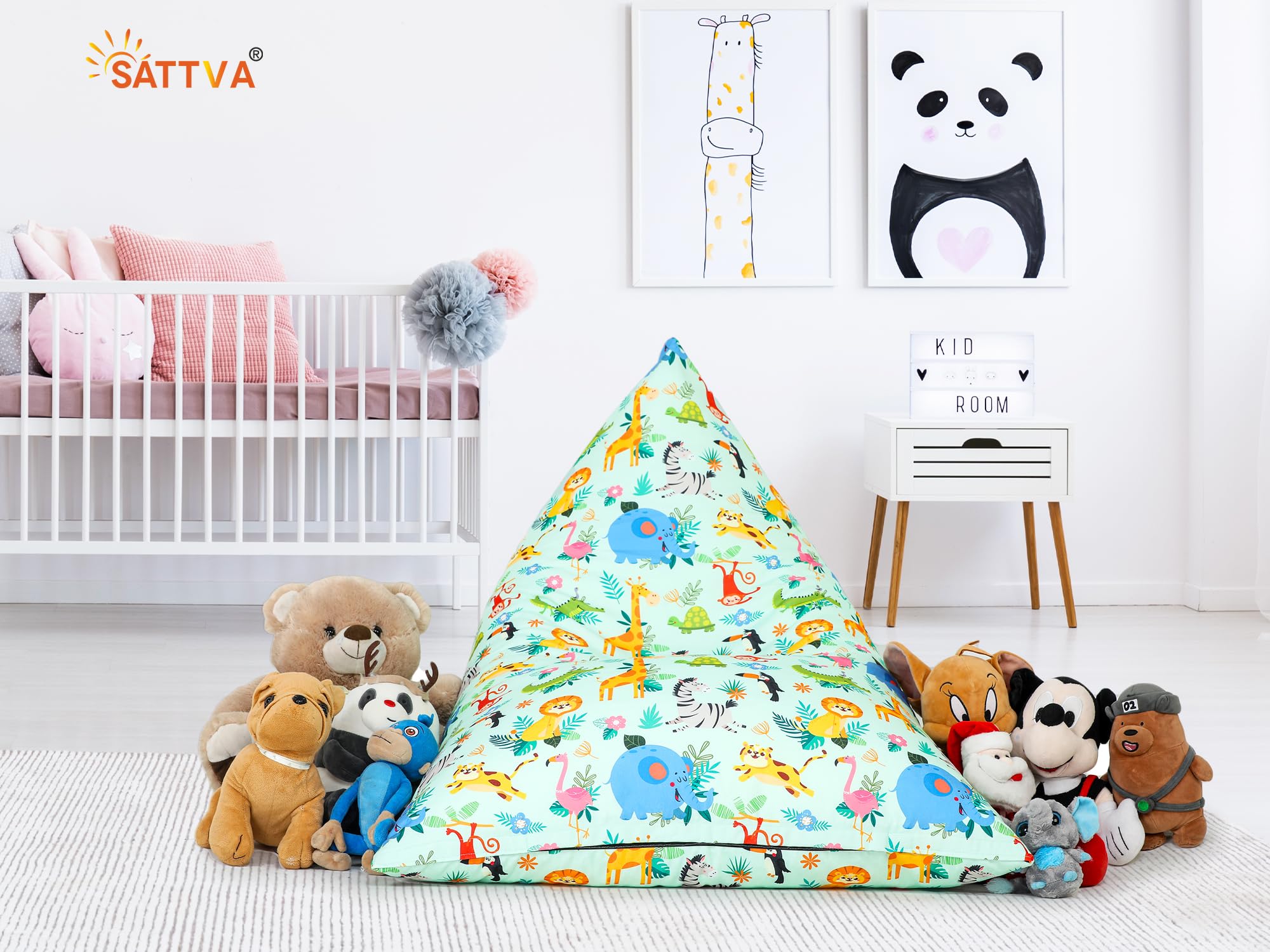 SATTVA Kids Triangle Canvas Bean Bag Cover - No Filling, Ultra Soft Zippered Stuffed Animal & Toy Storage Organizer for Teens & Adults (Animal Print) - Perfect for Playrooms, Dorm Rooms & Cozy Reading Nooks