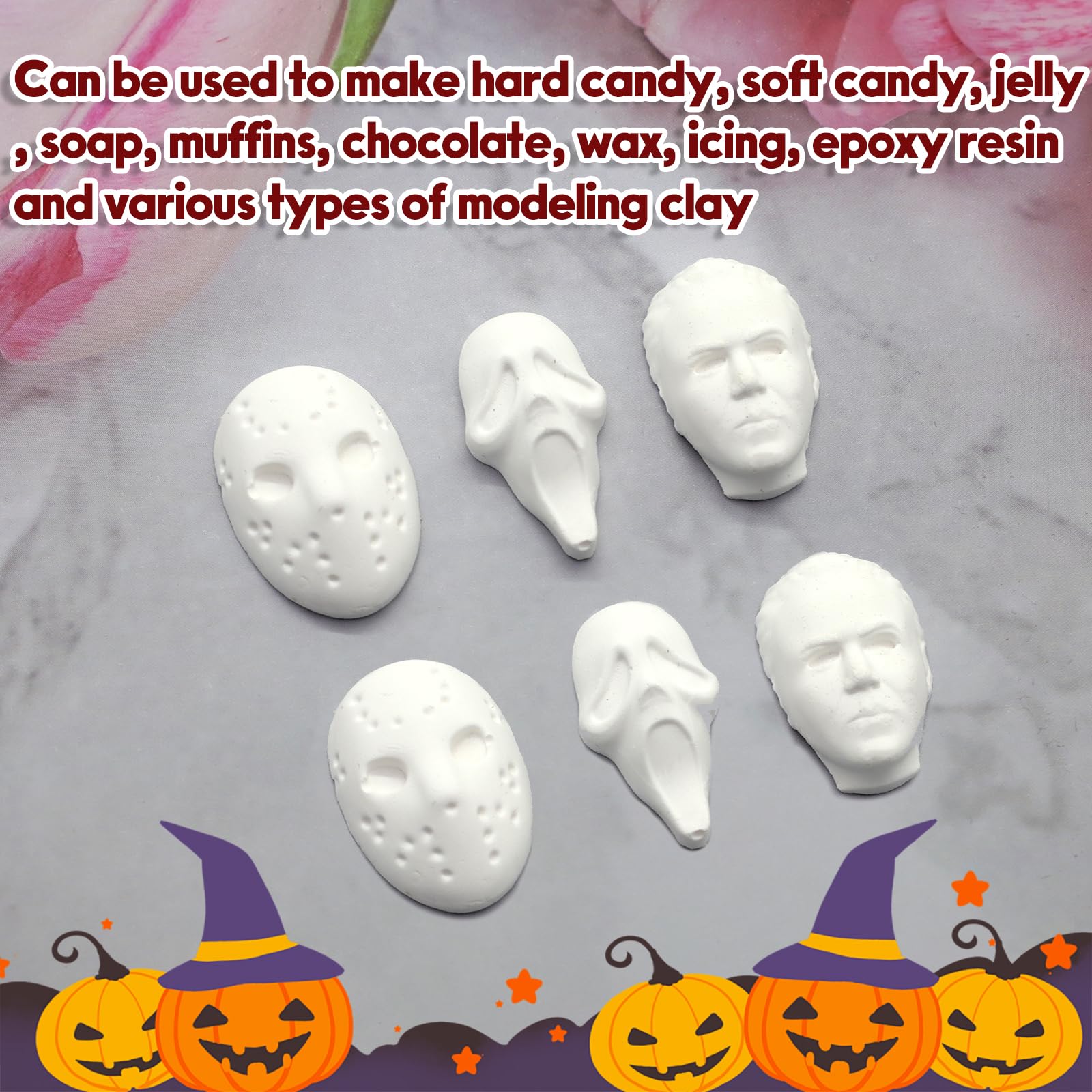 Premium 6-Cavity Halloween Silicone Chocolate Molds - Scary Movie Character Heads for DIY Chocolate, Candy, Soap, Pudding & Jelly Making - Perfect for Halloween Parties, Baking Gifts & Spooky Treats