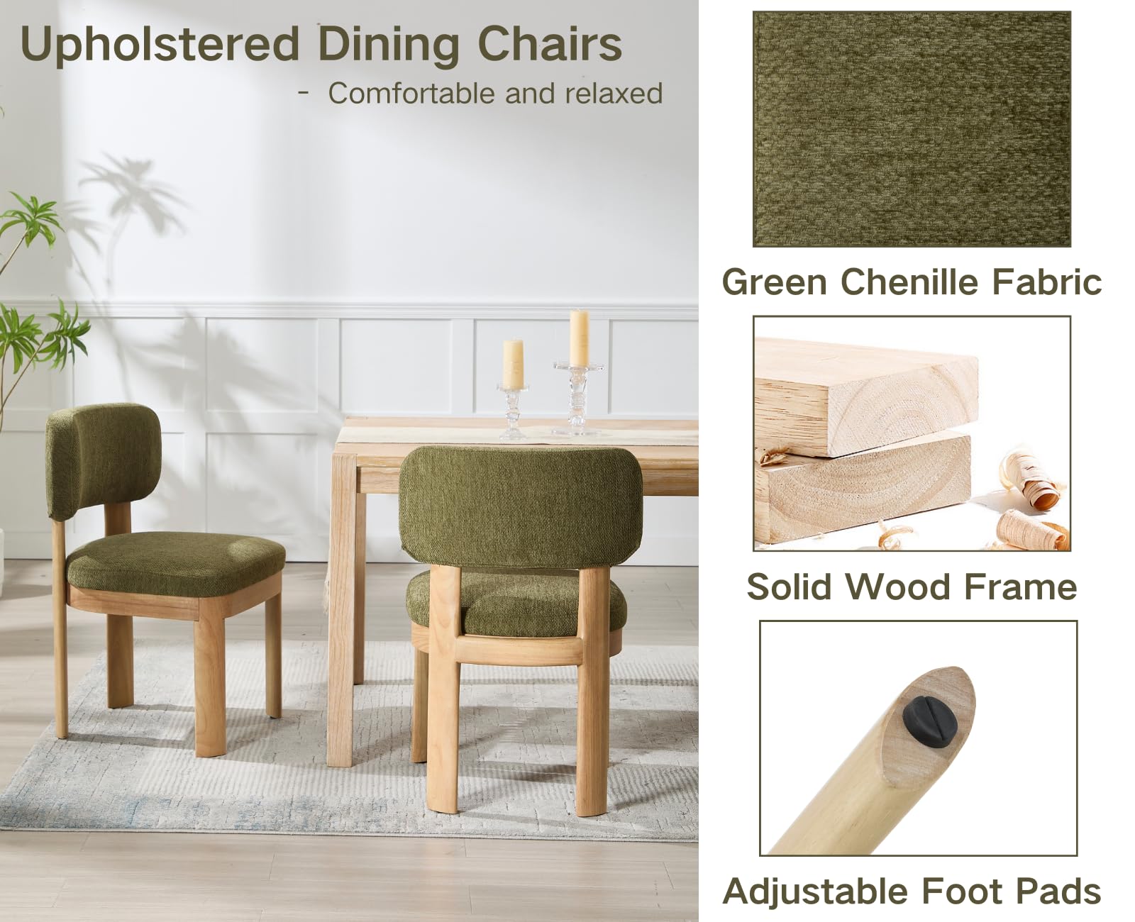 Mid Century Modern Dining Chairs Set of 2 - Green Upholstered Wooden Farmhouse Kitchen Chairs, Armless Accent Side Chairs for Dining Room & Living Room with Soft Chenille Fabric - Perfect for Home Decor & Entertaining