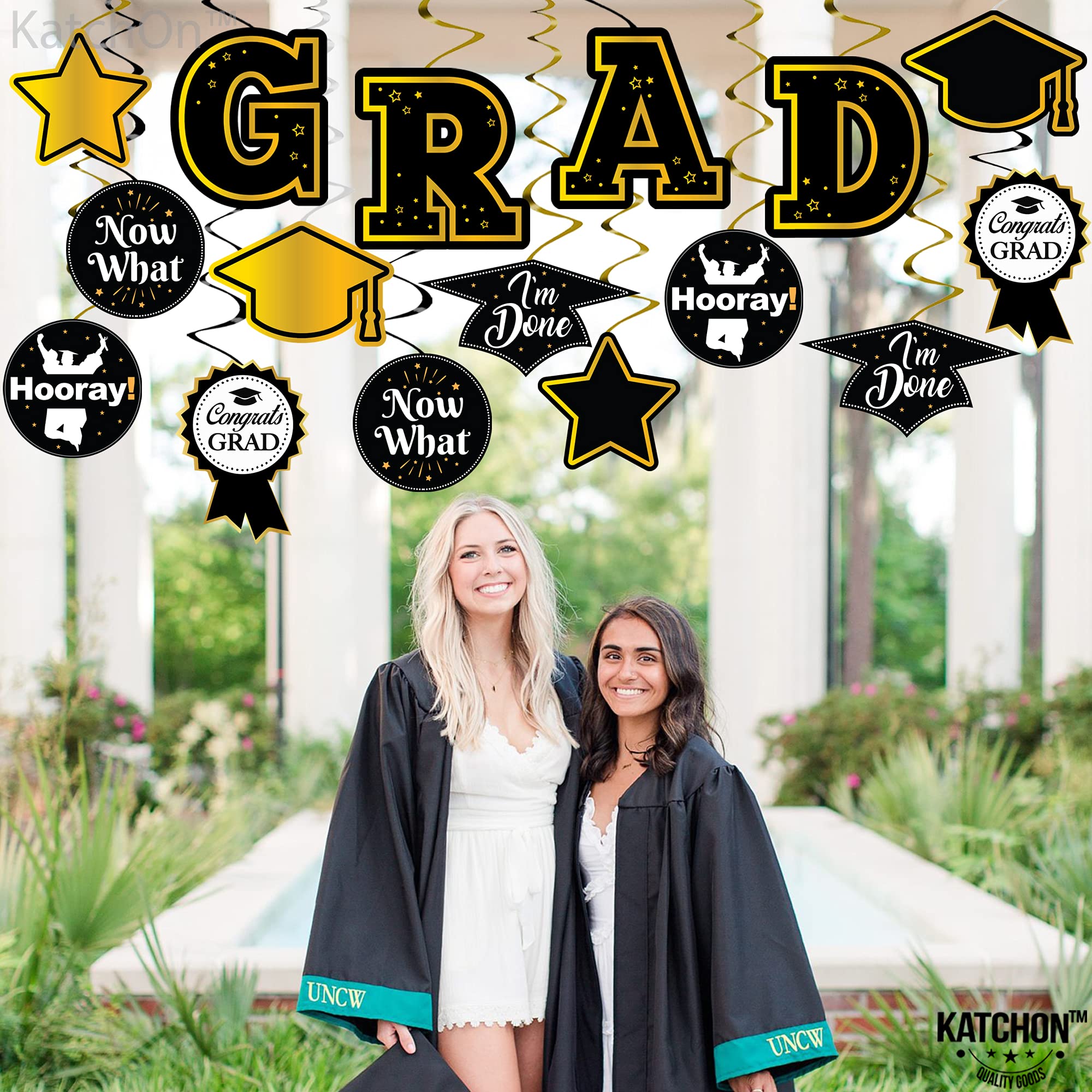 KatchOn Graduation Hanging Swirl Decorations - 35 Pack Black & Gold Party Decor for 2025 Graduation Ceremony | No DIY Required | Perfect for Graduation Parties, School Events & Photo Backdrops