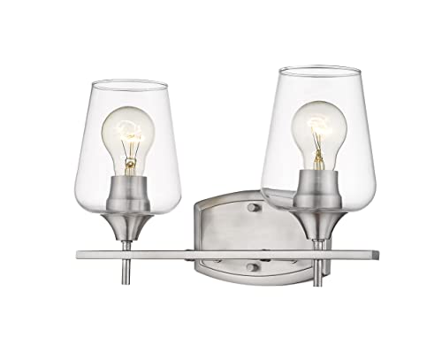 Z-Lite 2 Light Vanity Bathroom Fixture 473-2V-BN in Brushed Nickel - Clear Glass Shades for Modern Bathroom Lighting & Makeup Vanity Mirror Illumination