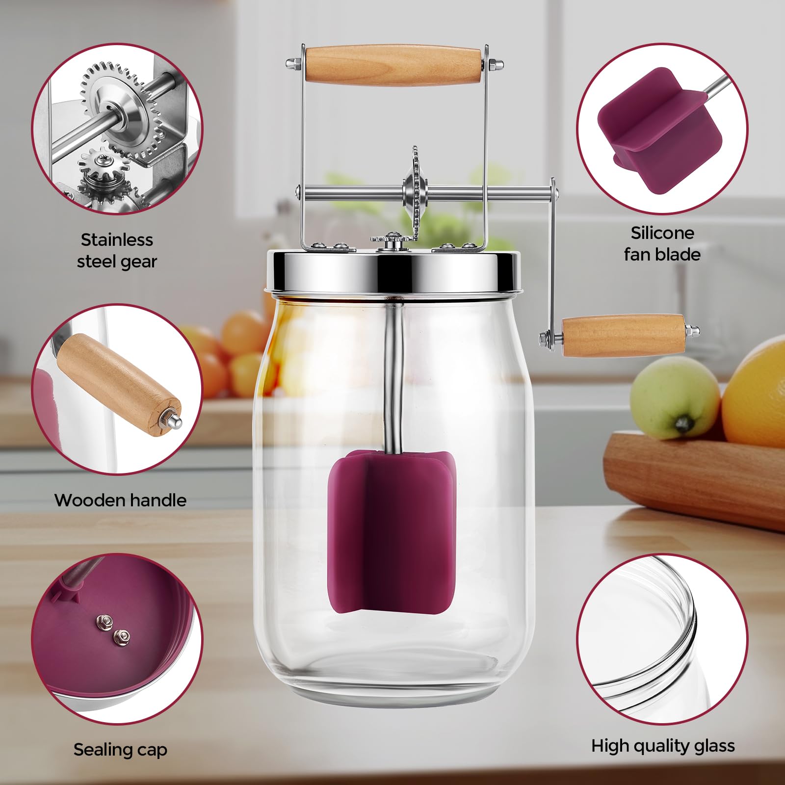 Stainless Steel Manual Butter Churn with Wooden Handle - 51oz Hand Crank Mason Jar Butter Maker for Fresh Homemade Butter, Perfect for Baking, Cooking & Farmhouse Kitchen Use