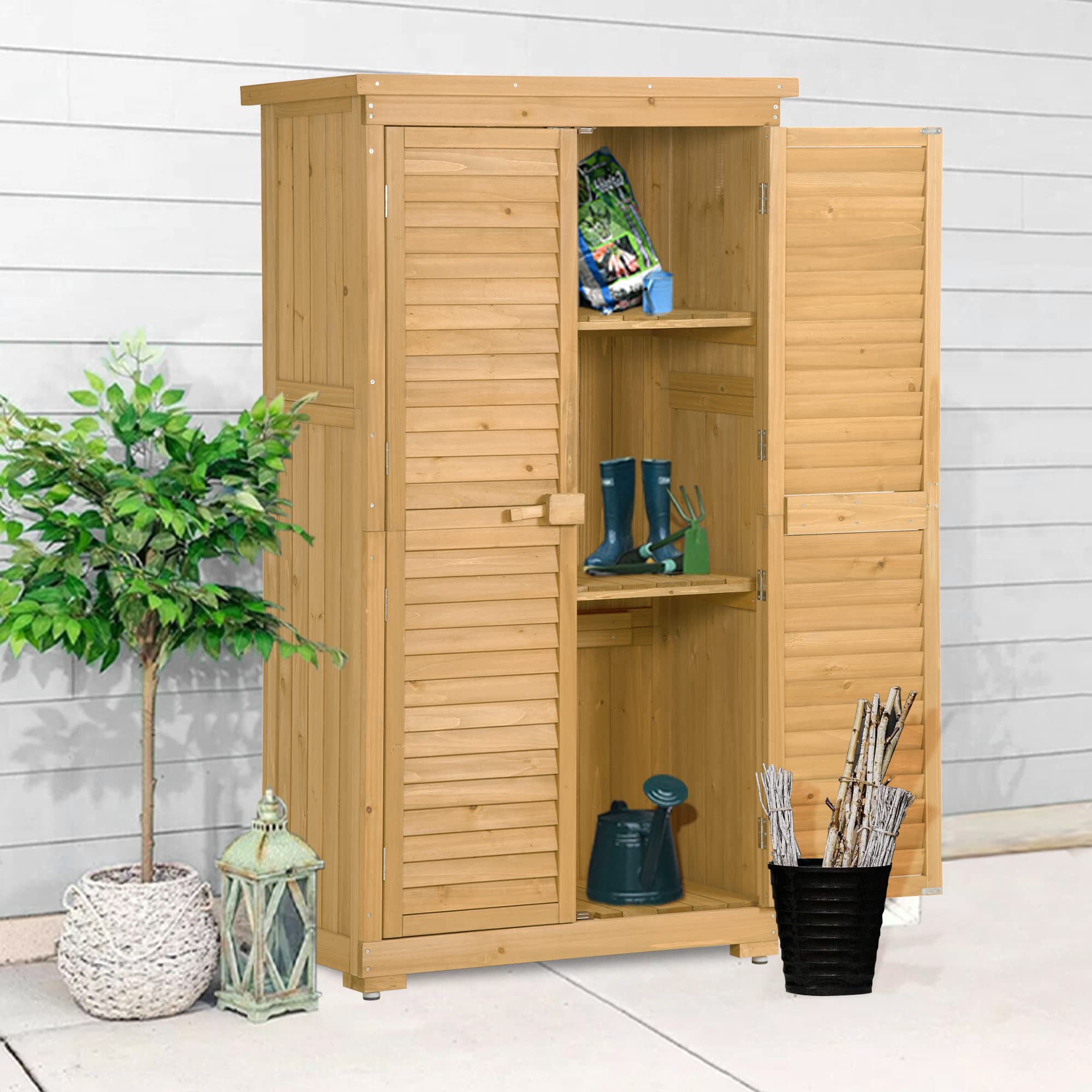 Outdoor Garden Storage Shed - Vertical Wooden Cabinet with 3 Shelves & Shutter Design - Fir Wood Tool Organizer for Lawn, Backyard, Patio - Perfect for Storing Gardening Tools, Outdoor Equipment & Seasonal Decor (Natural Wood Finish)