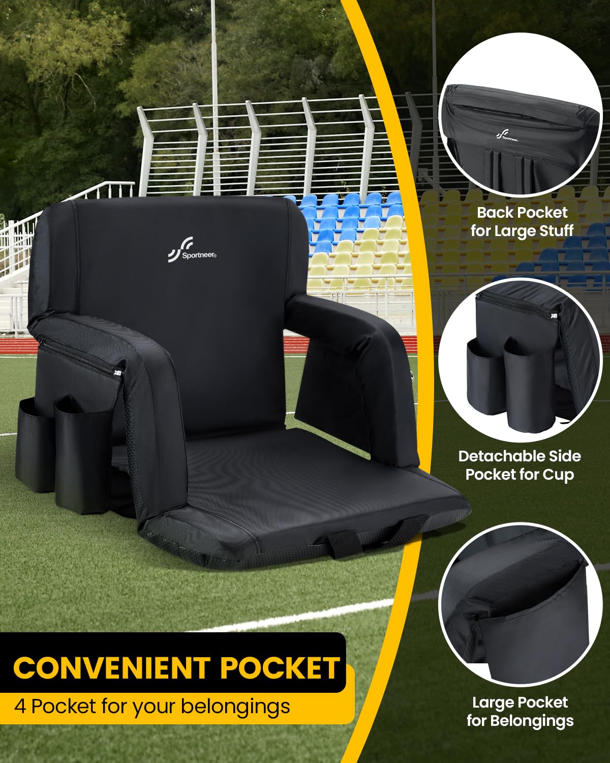 Sportneer Extra Wide Stadium Seats with Back Support - 2 Pack Padded Bleacher Chairs with Armrests & 6 Reclining Positions - Comfortable Folding Stadium Seating for Sports Events, Camping, Concerts & Outdoor Activities