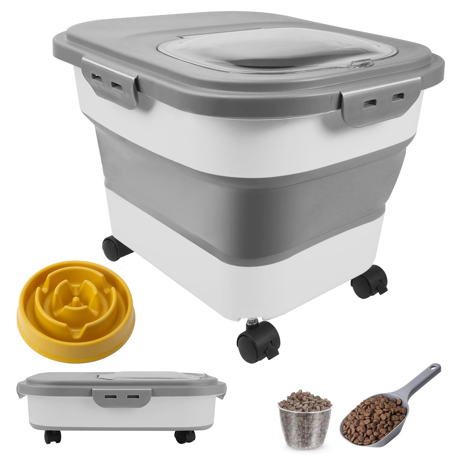 20lbs Airtight Pet Food Storage Container with Casters & Scoop - Collapsible Dog & Cat Food Bin for Fresh Dry Food - Perfect for Kitchen, Pantry & Pet Feeding Area (Grey)