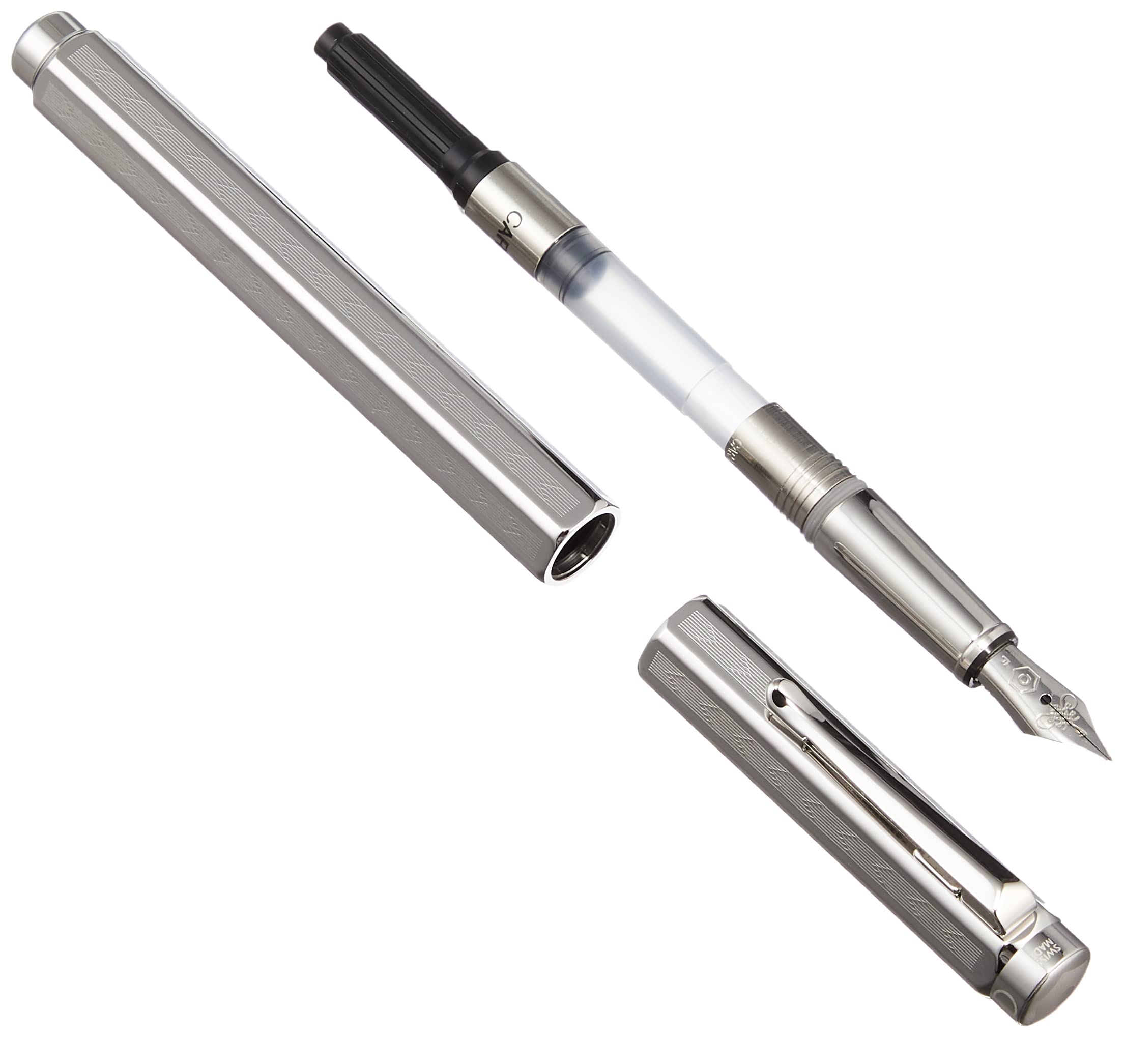 Caran d'Ache Chevron Ecridor Fountain Pen - Silver Plated/Rhodium Coated with Fine Nib (0958.276) | Luxury Writing Instrument for Professionals & Gift Giving