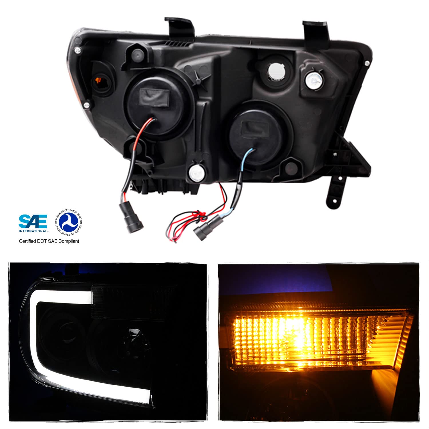 AKKON LED Headlights & Tail Lights for 2007-2013 Toyota Tundra - Black SMD LED Tube Projector Headlamps + Premium LED Brake Lights Pair (Left & Right) - Upgrade for Night Driving & Enhanced Visibility