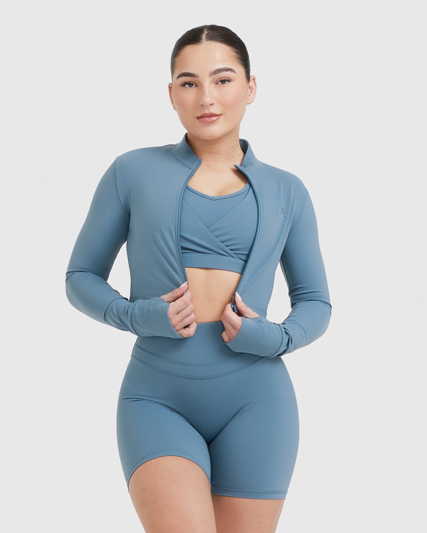 Moonstone Blue Lightweight Crop Jacket for Women - Stylish & Comfortable Outerwear for Spring & Fall Fashion