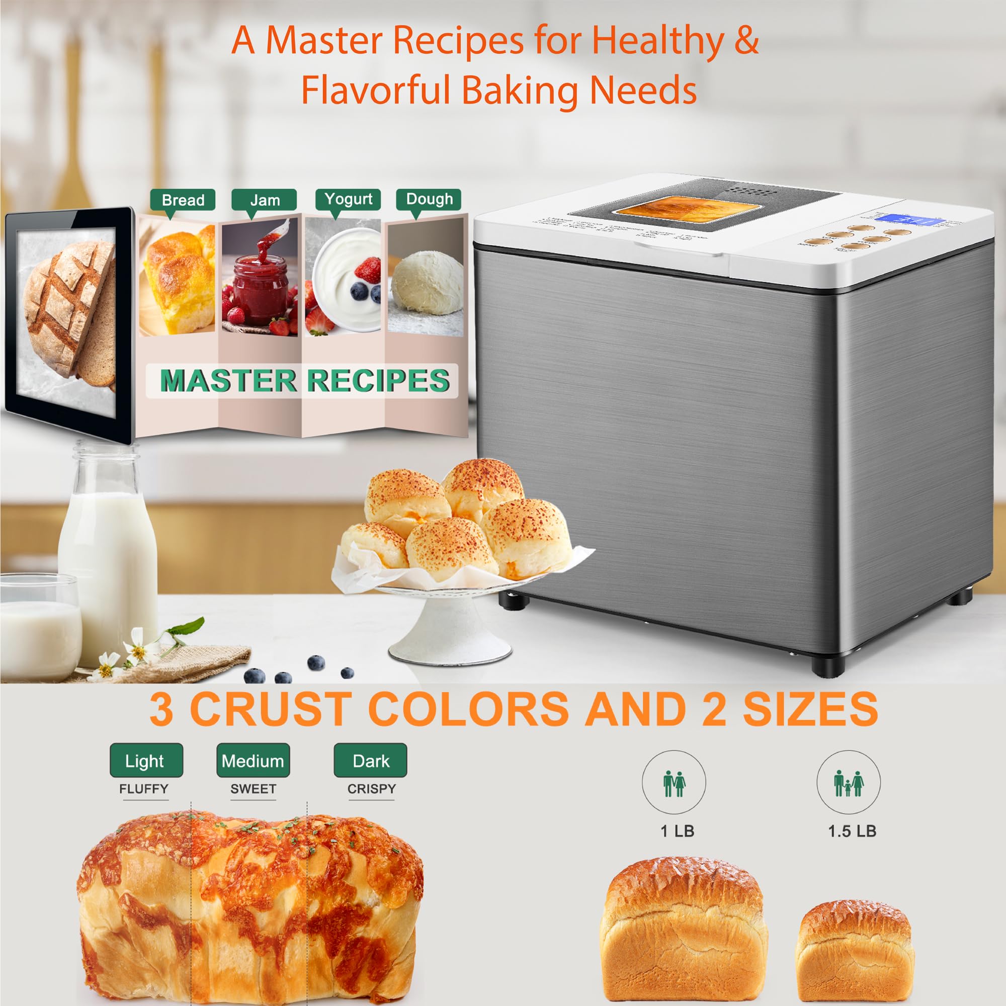 19-in-1 Smart Dual Heaters Bread Maker with Nonstick Ceramic Pan - 15H Timer & 1H Keep Warm - Stainless Steel Bread Machine for French, Gluten-Free, Sourdough - Perfect for Home Baking & Healthy Breakfast