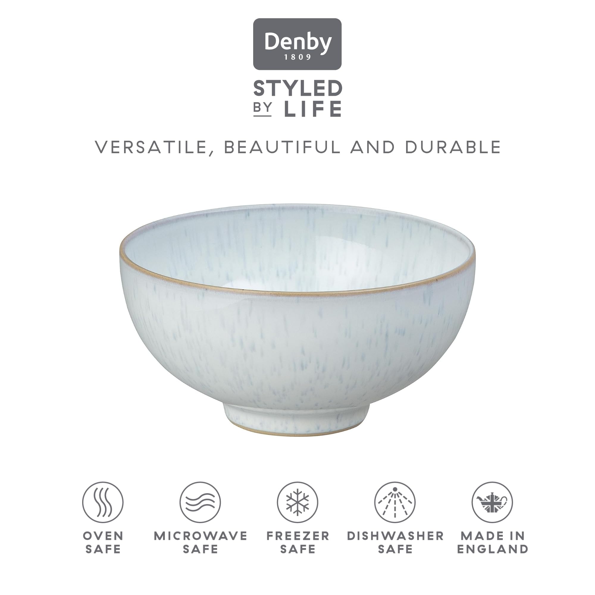 Denby White Speckle Rice Bowls Set of 6 - 16.2oz Ceramic Stoneware Bowls | Microwave & Dishwasher Safe | Chip & Scratch Resistant | Reactive White Glaze | Perfect for Oats, Cereal, Noodles, Soups & Asian Cuisine | Elegant Tableware for Everyday Meals & Dinner Parties