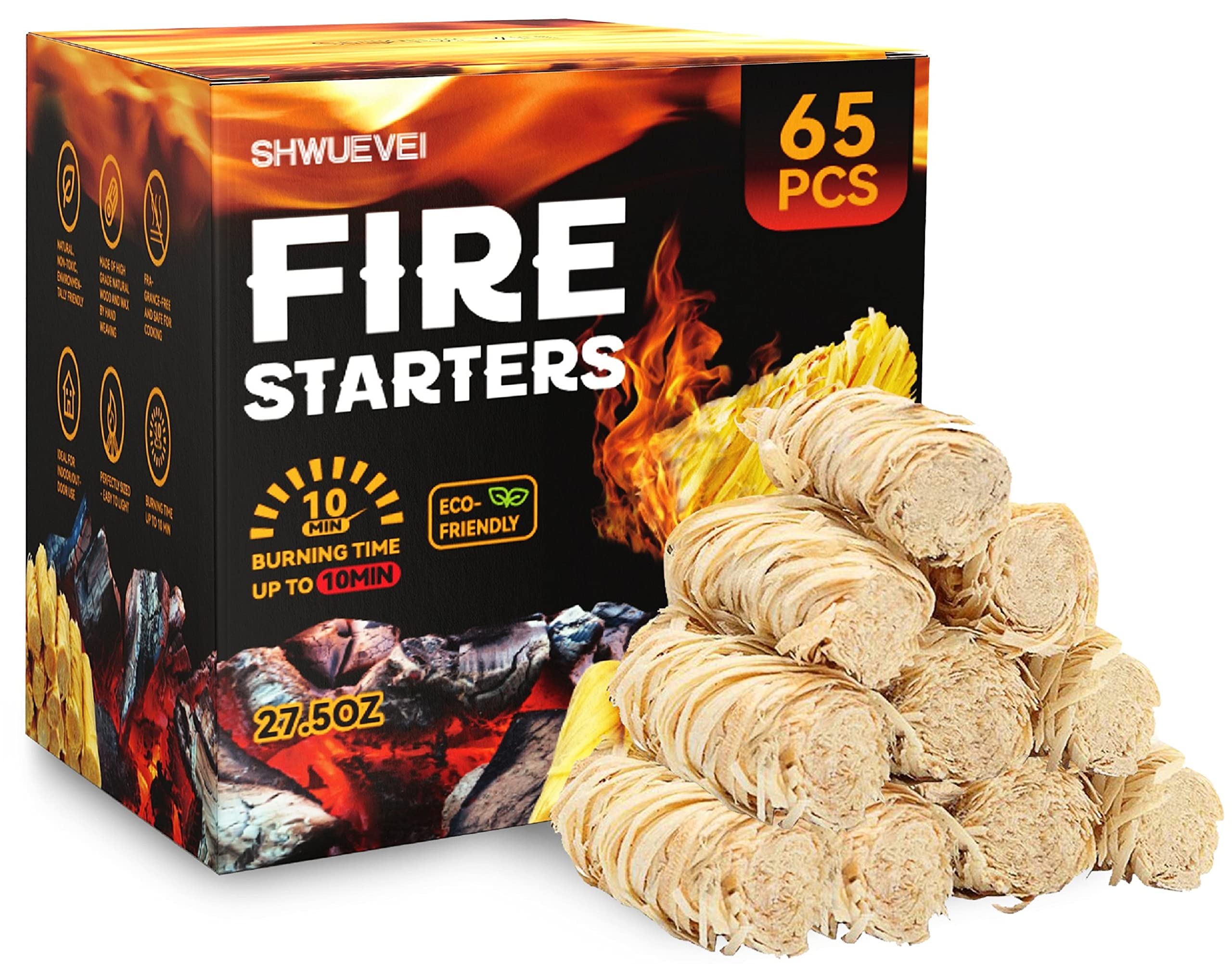 Shwueevei 65-Piece Natural Fire Starter Kit for Fireplace, Pellet Stove, Wood Stove, Fire Pit, Smoker, BBQ Grill & Pizza Oven - Quick Lighting Charcoal Starter for Camping, Backyard Bonfires & Outdoor Cooking