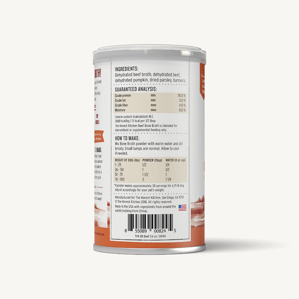 The Honest Kitchen Daily Boosters Instant Beef Bone Broth with Turmeric for Dogs - 3.6oz (102g) | Grain-Free Supplement for Joint & Digestive Health | Perfect for Senior Dogs & Post-Surgery Recovery