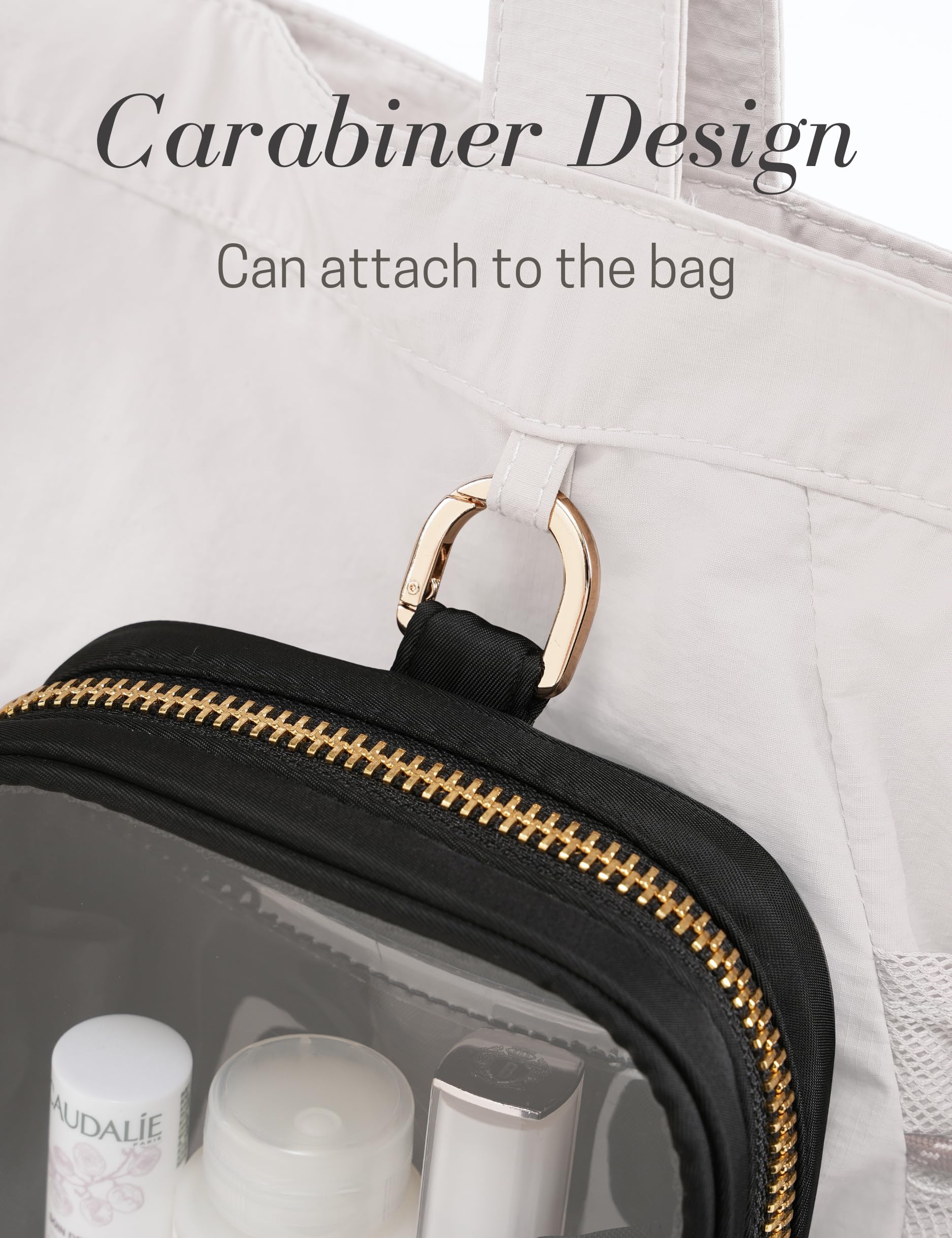 Clear Cosmetic Bag Mini Makeup Pouch - Transparent Toiletry Travel Organizer with Interior Pocket & Carabiner Clip - Small Waterproof Makeup Case for Travel, Gym, Beach Essentials (Mini, Black)