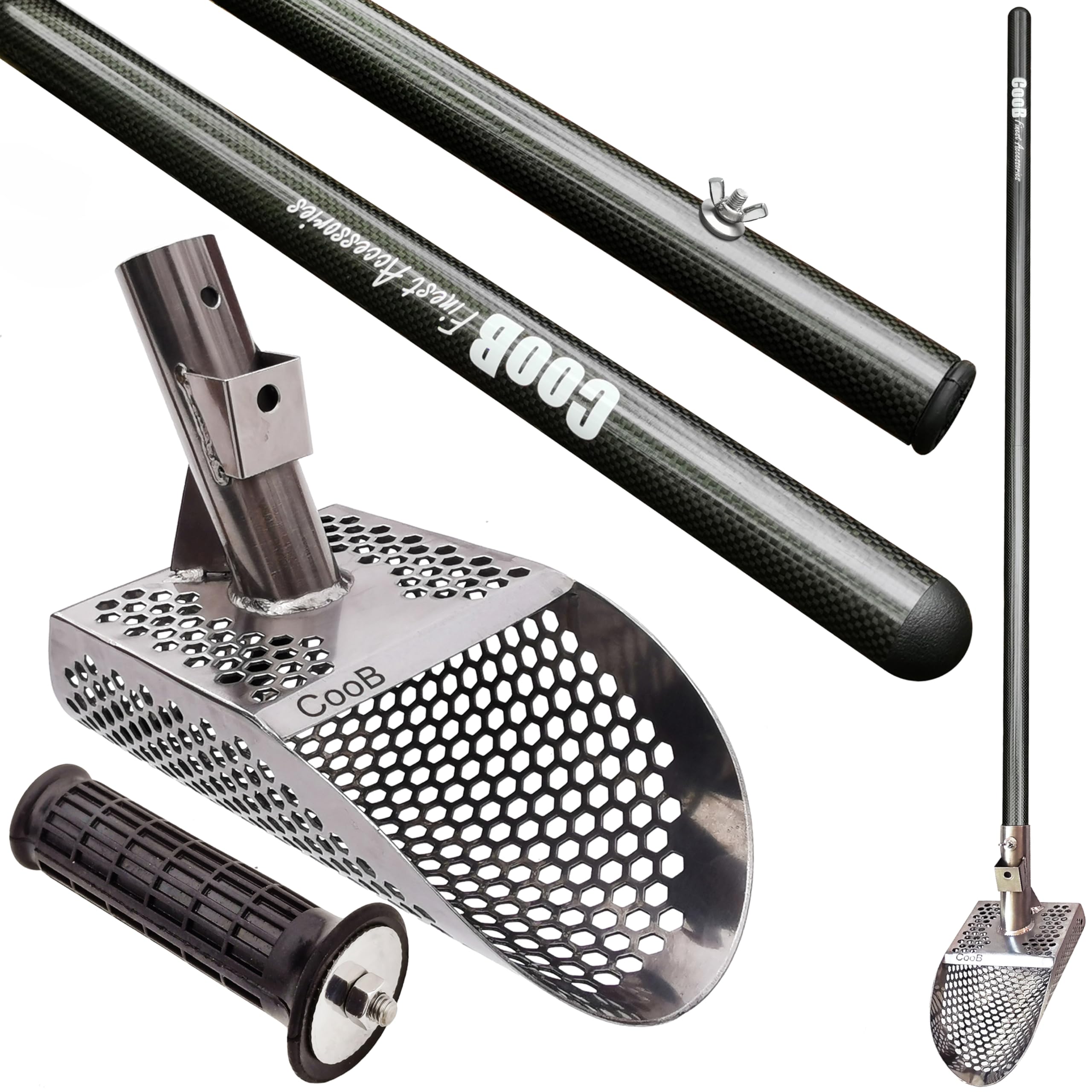 Premium Stainless Steel Beach Sand Scoop for Metal Detecting - CooB Carbon Fiber Handle Treasure Hunting Shovel with Krepish v2 - Lightweight & Durable for Beach, Park & Outdoor Metal Detector Accessories